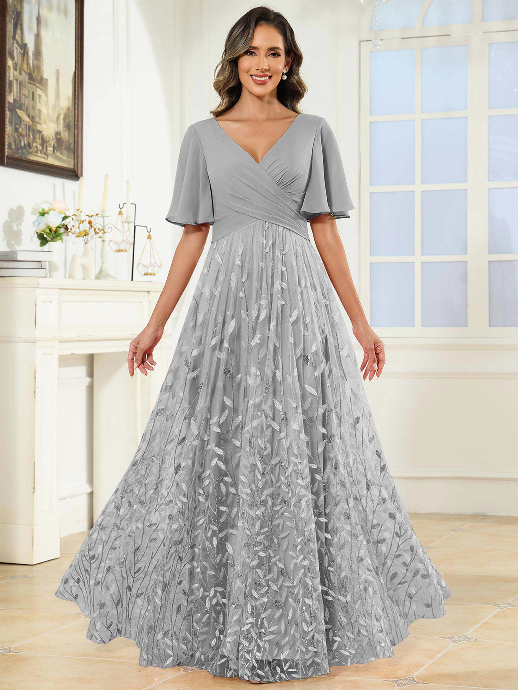 ROVDESY A-Line V-Neck Chiffon Sequin Mother Of The Bride Dress With Short Sleeves