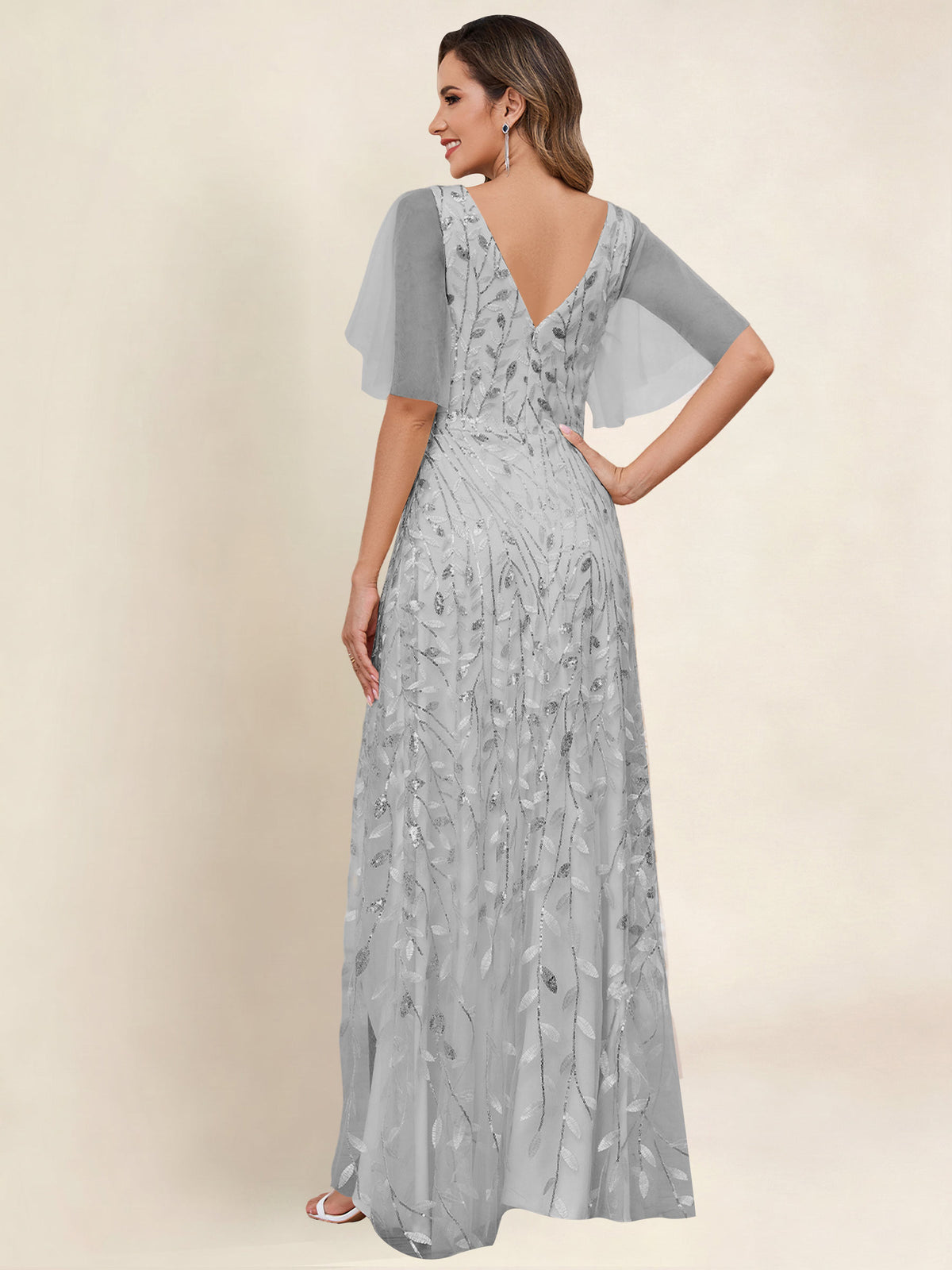 V Neck Sequin Tulle A Line Mother of the Bride Dress with Sleeves