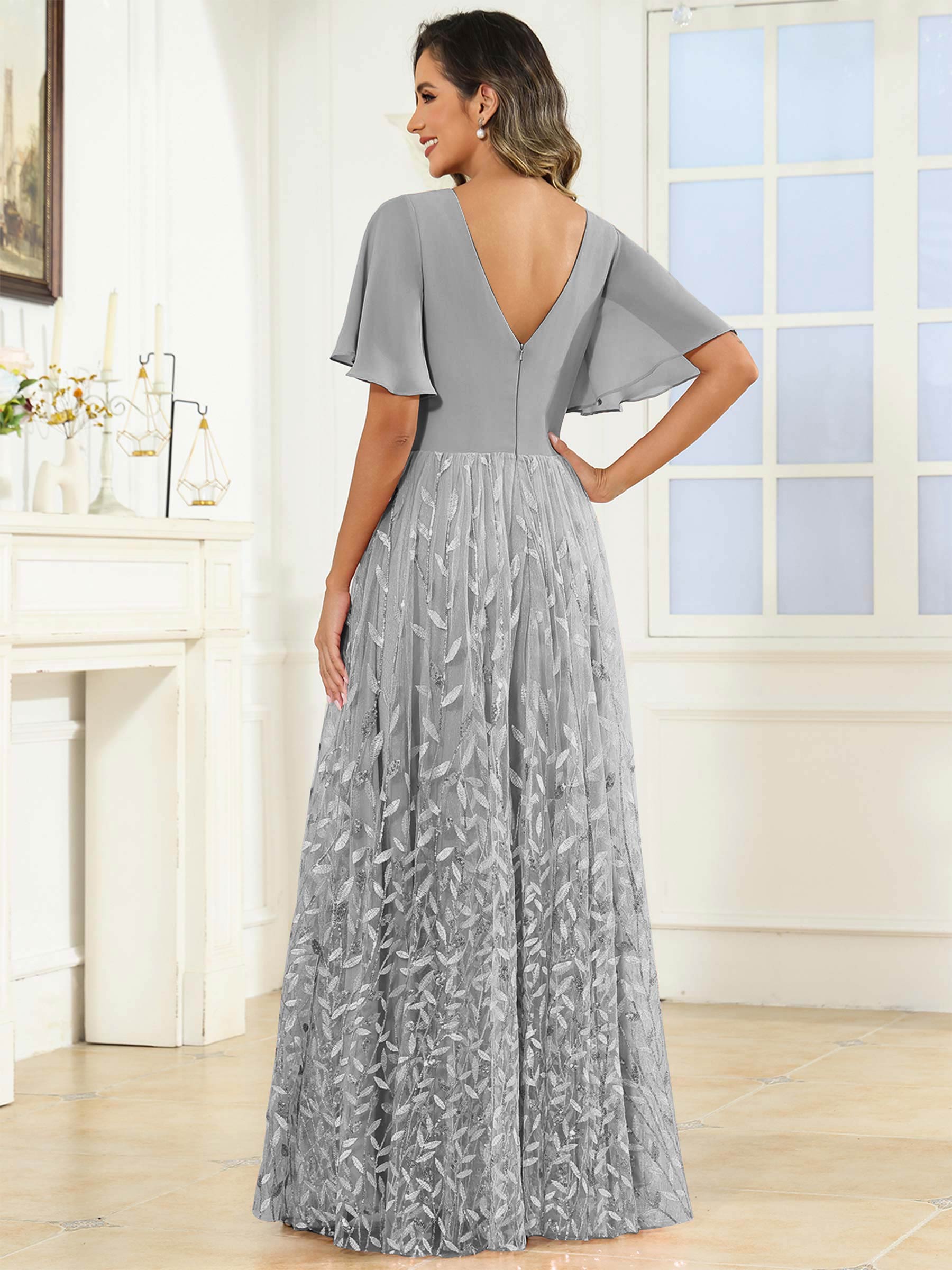 ROVDESY A-Line V-Neck Chiffon Sequin Mother Of The Bride Dress With Short Sleeves
