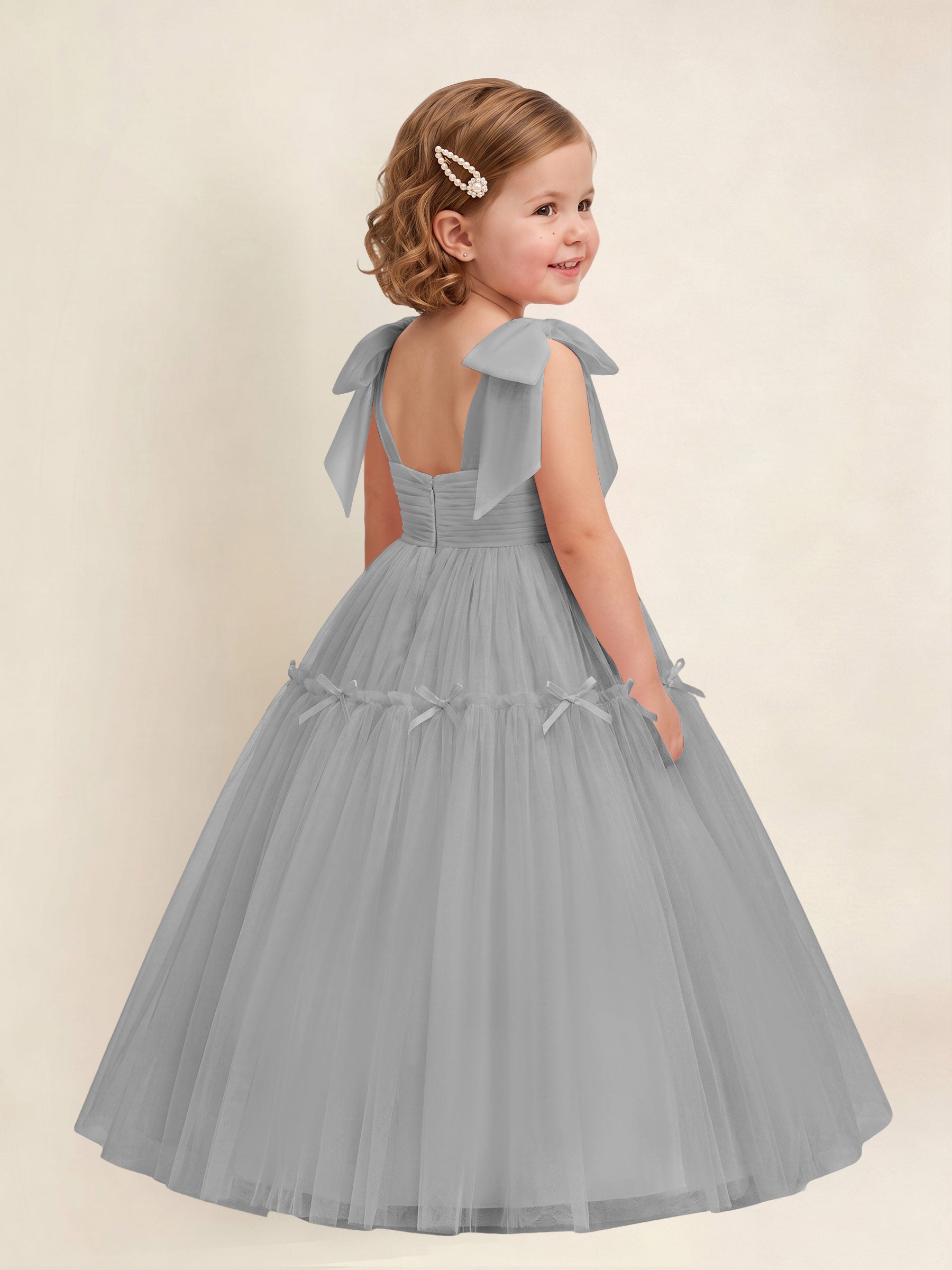 ROVDESY A-Line Tulle Flower Girl Dress With Bow Long Ball Gown Dress