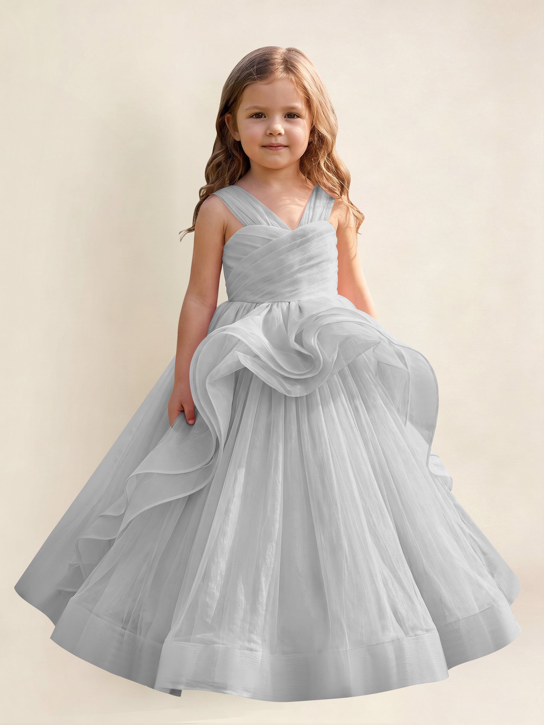 ROVDESY A-Line V-Neck Tulle Flower Girl Dress With Sleeveless Long Ball Gown Dress