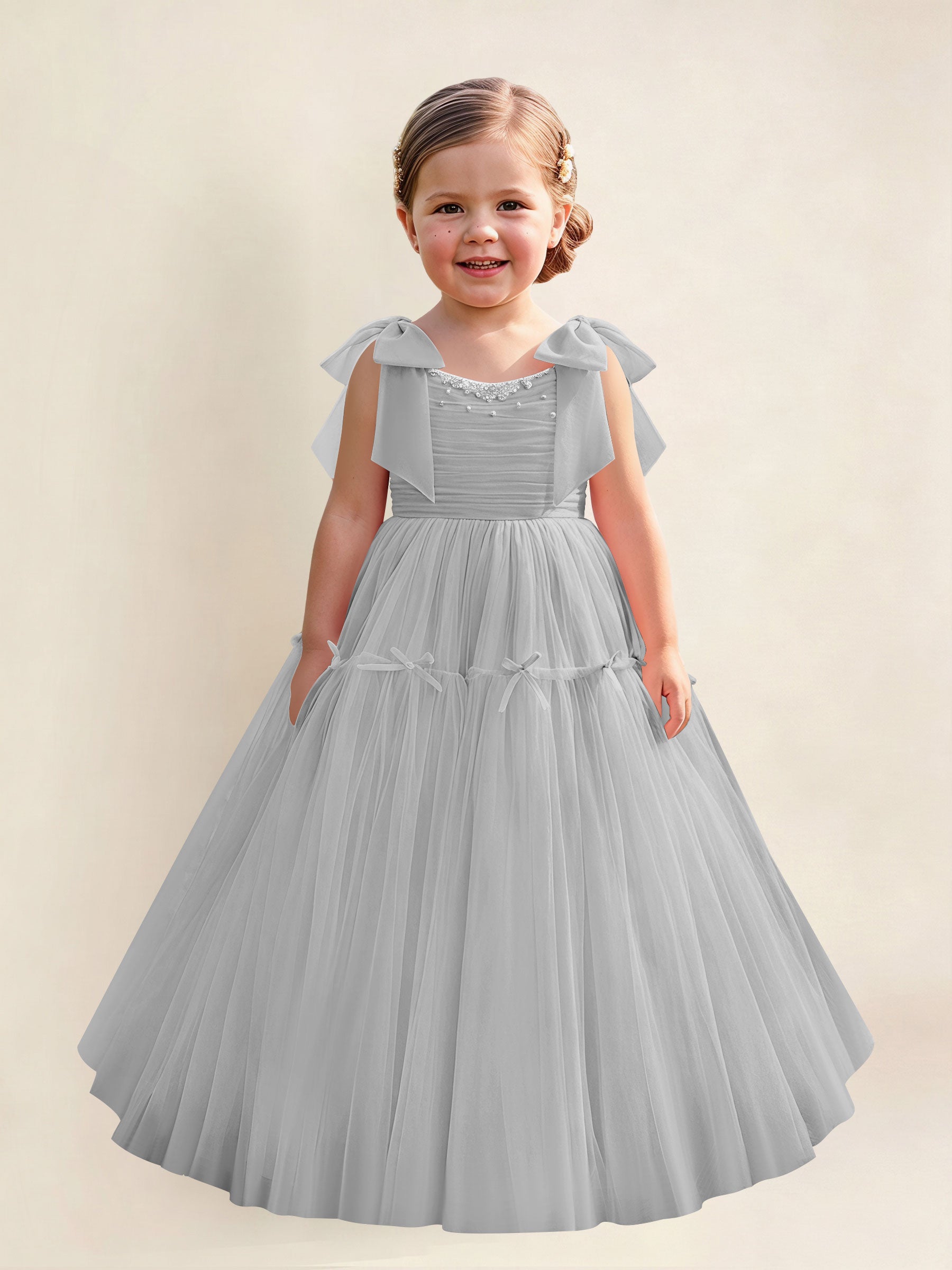 ROVDESY A-Line Tulle Flower Girl Dress With Bow Long Ball Gown Dress