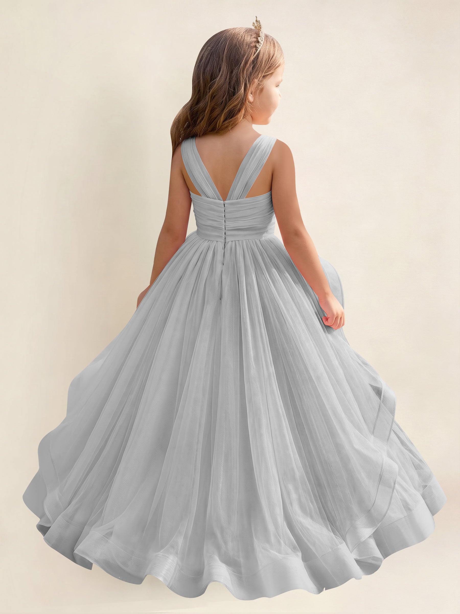ROVDESY A-Line V-Neck Tulle Flower Girl Dress With Sleeveless Long Ball Gown Dress