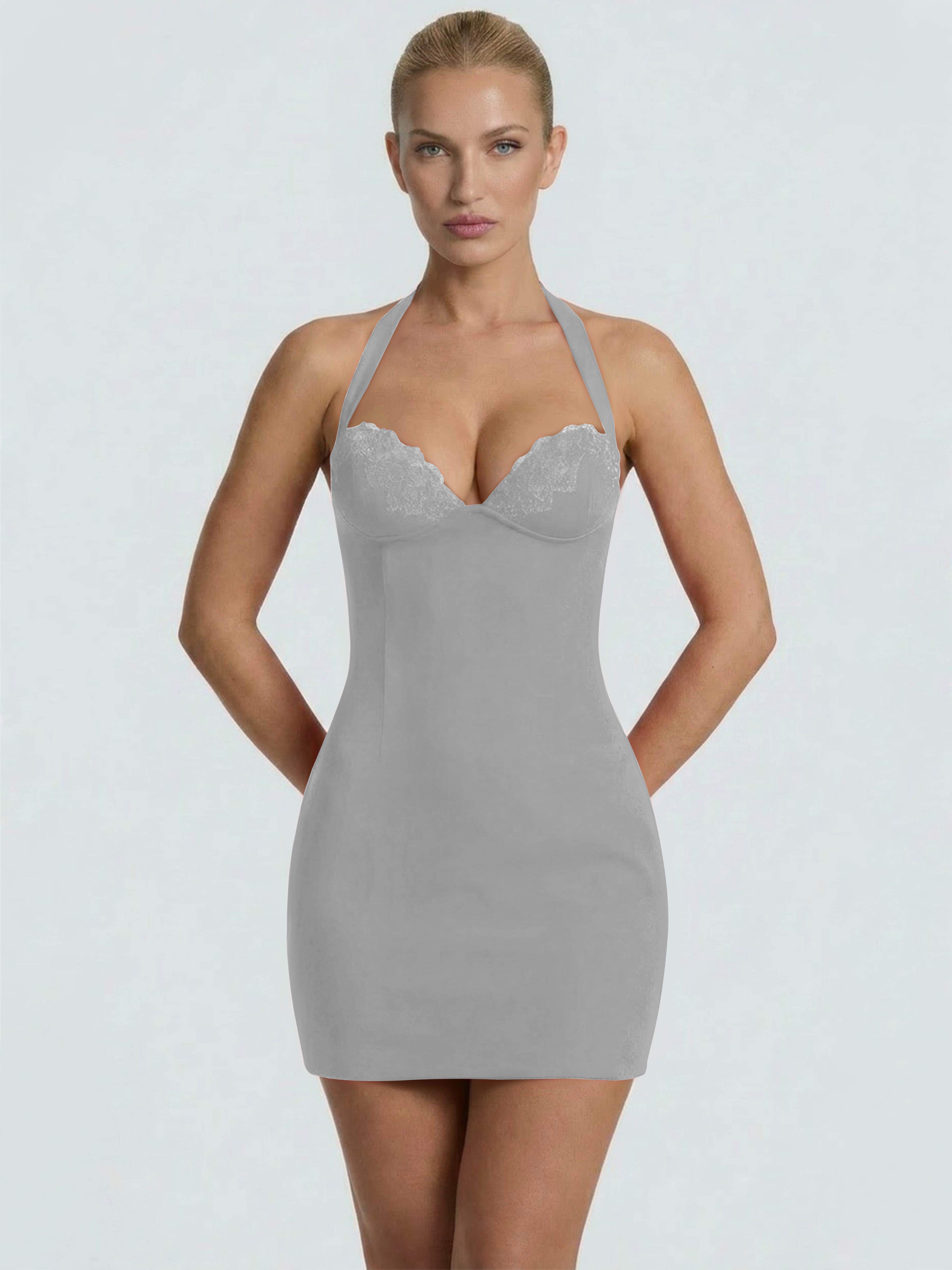 ROVDESY Halter Lace Satin Tight Homecoming Mini Dress