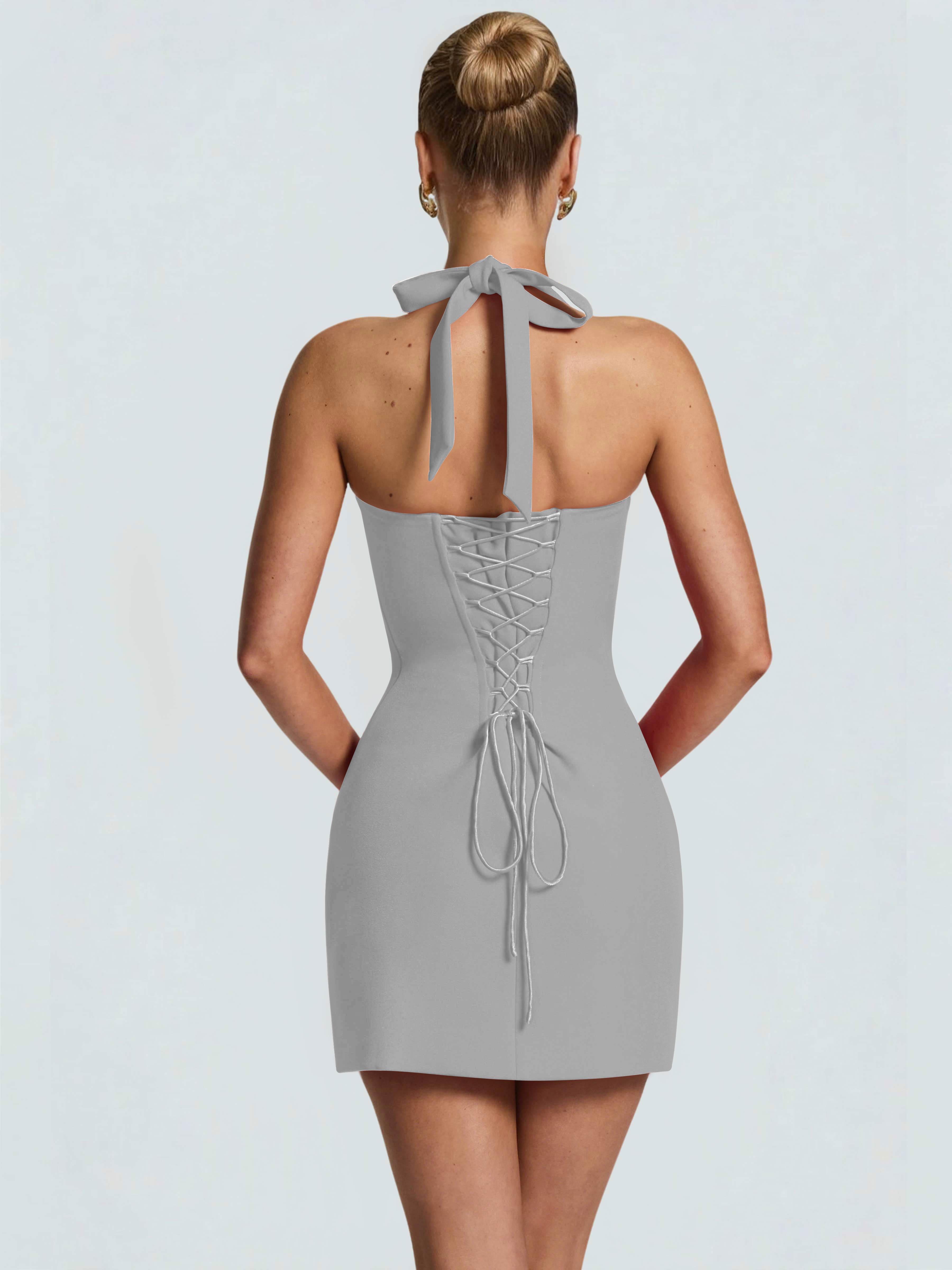 ROVDESY Halter Lace Satin Tight Homecoming Mini Dress