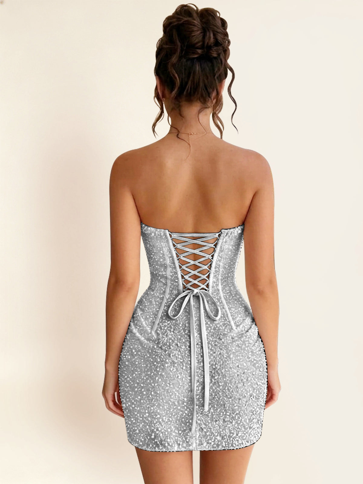 ROVDESY Strapless Sequin Sweetheart Ruched Tight Homecoming Mini Dress