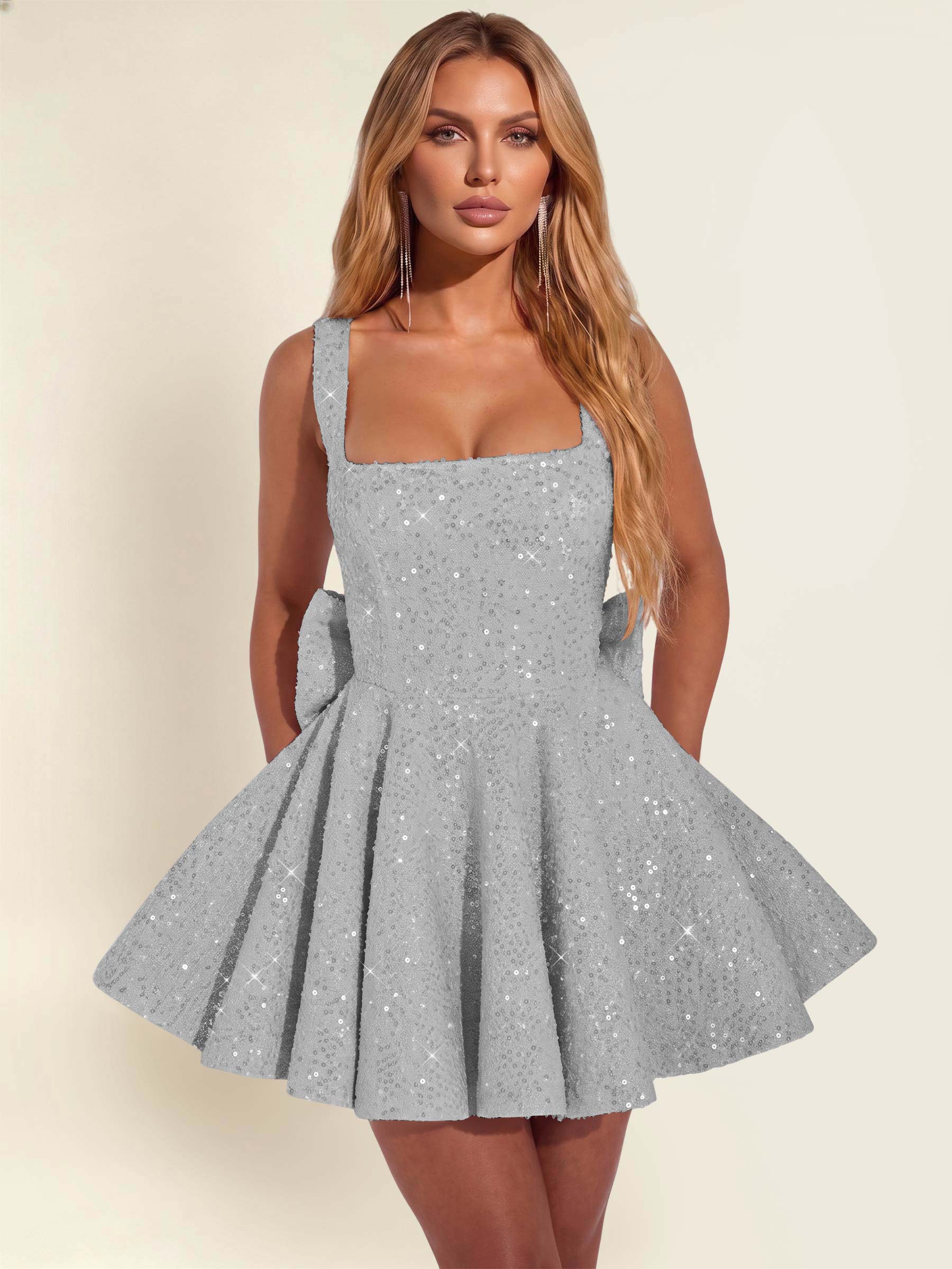 ROVDESY Sparkly Sequin A-Line Square Neck Homecoming Mini Dress With Big Bow