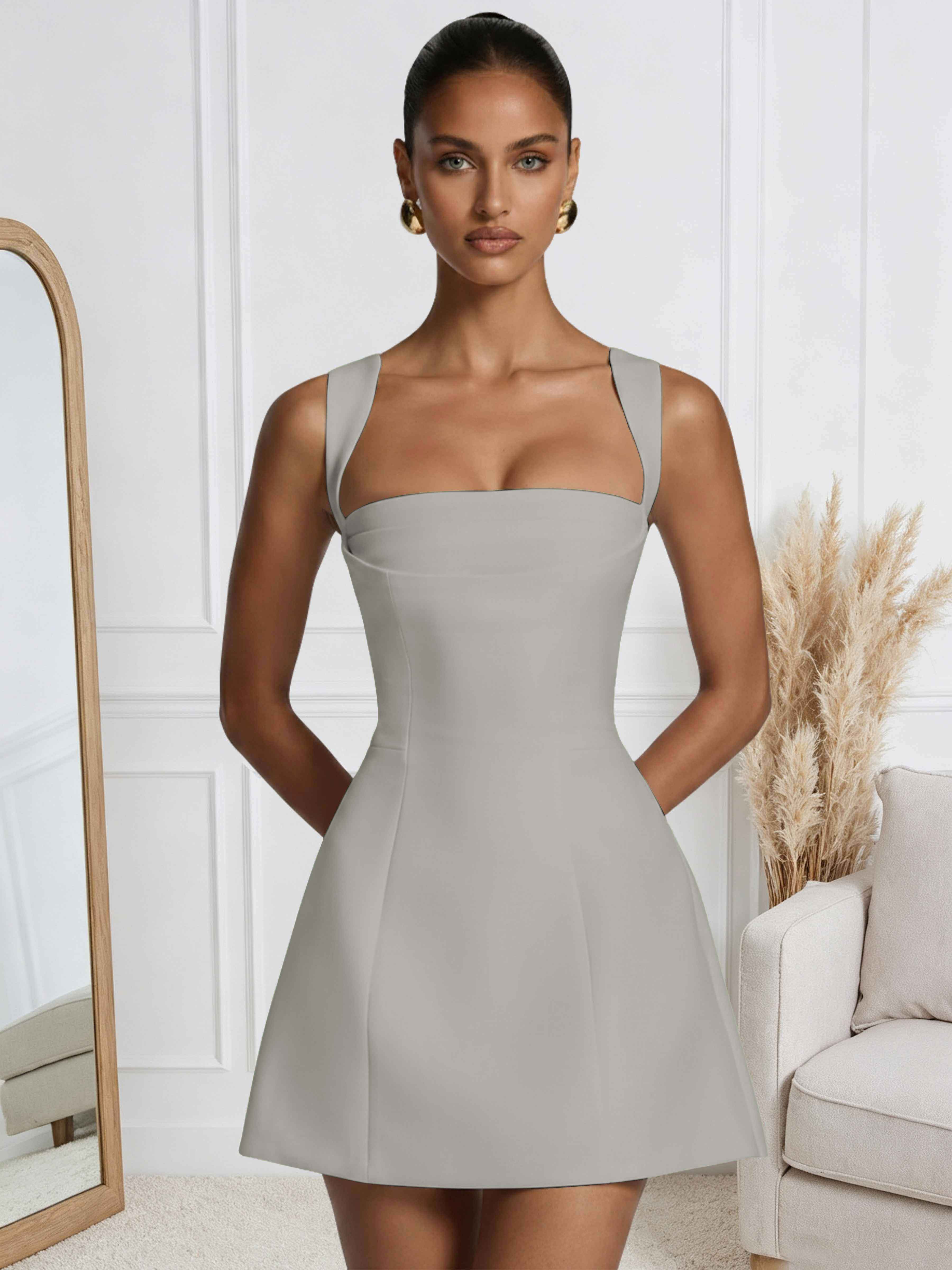 ROVDESY A-Line Square Neck Satin Homecoming Mini Dress