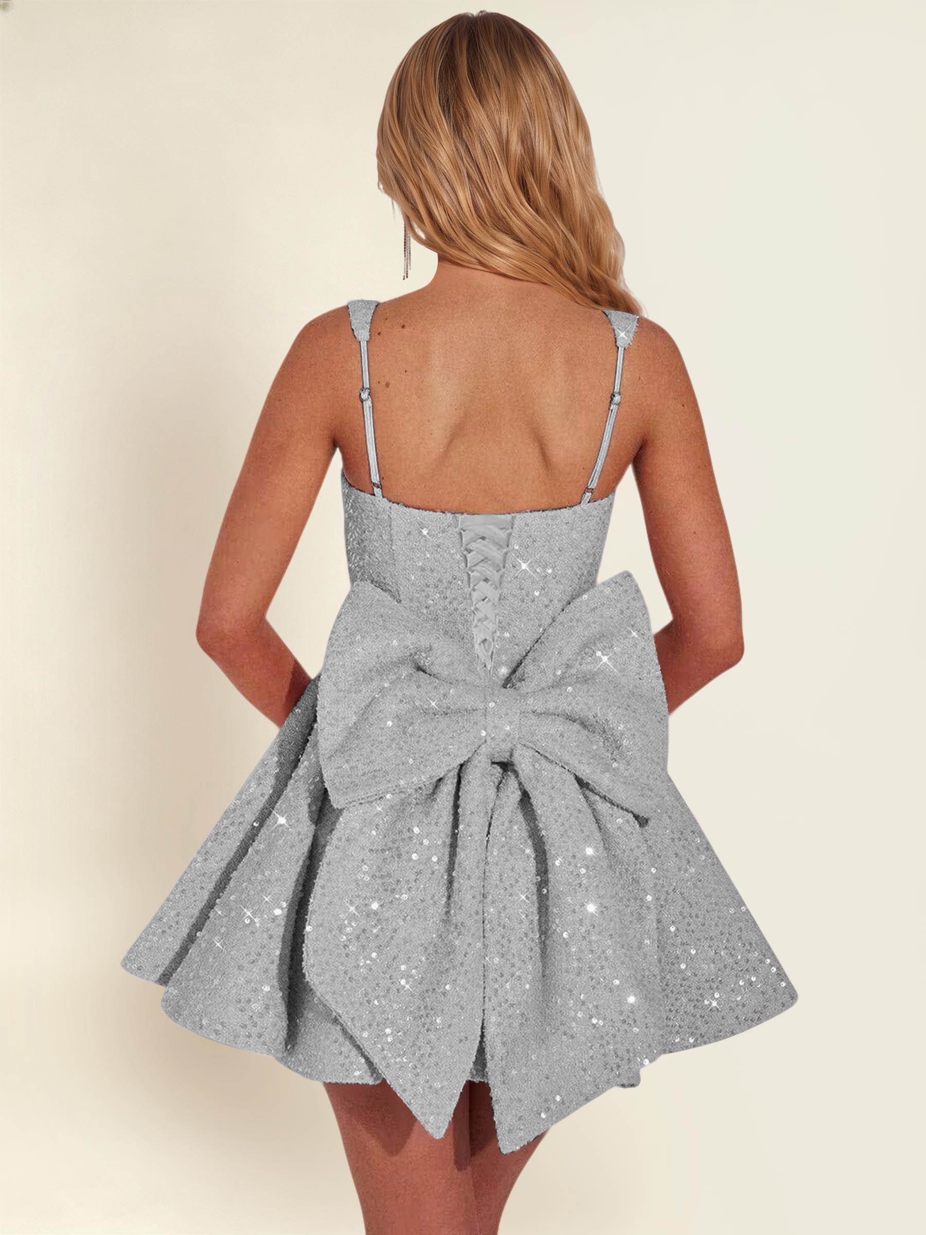 ROVDESY Sparkly Sequin A-Line Square Neck Homecoming Mini Dress With Big Bow