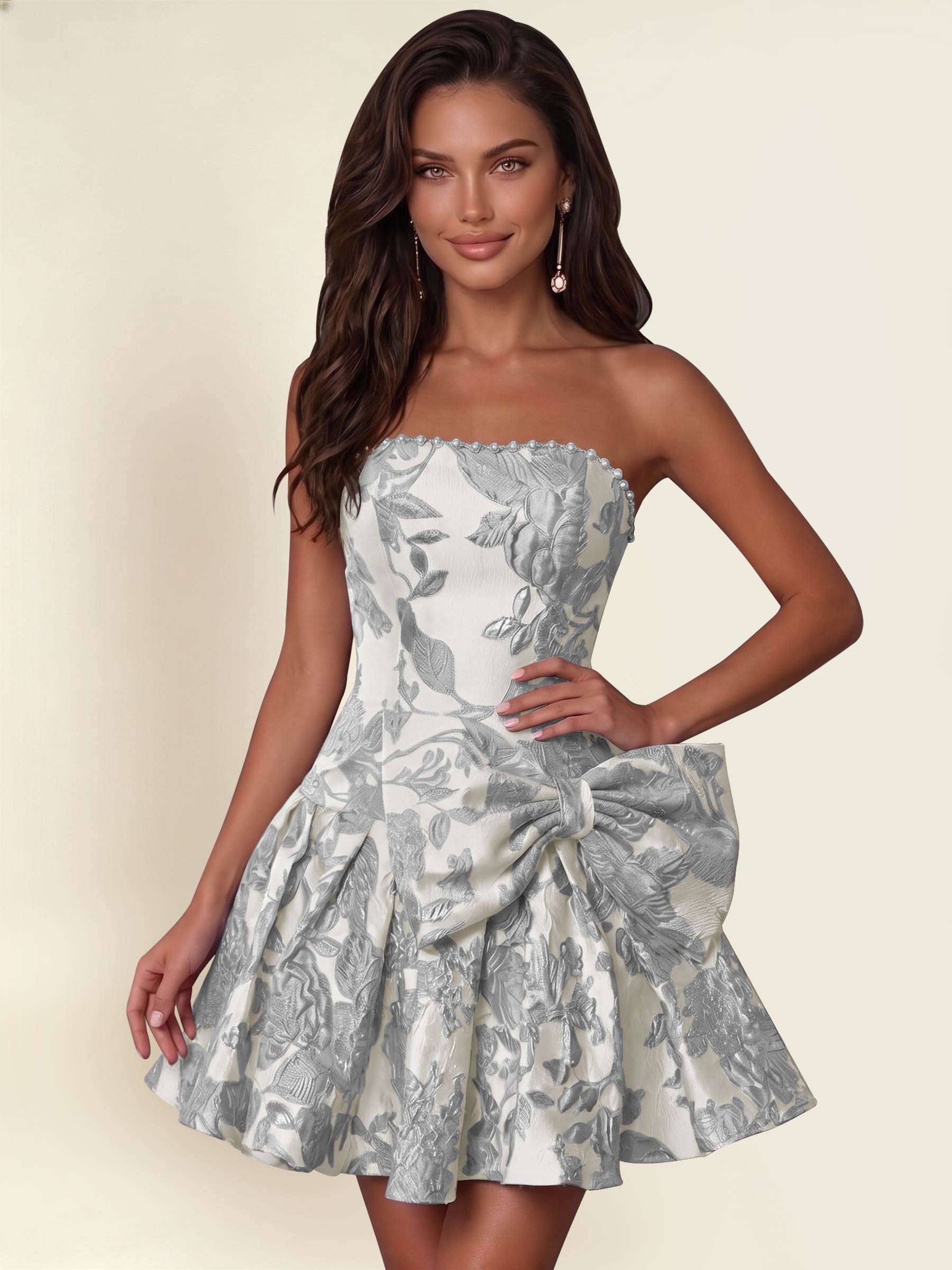 ROVDESY A-Line Strapless Jacquard Satin Homecoming Mini Dress With Big Bow