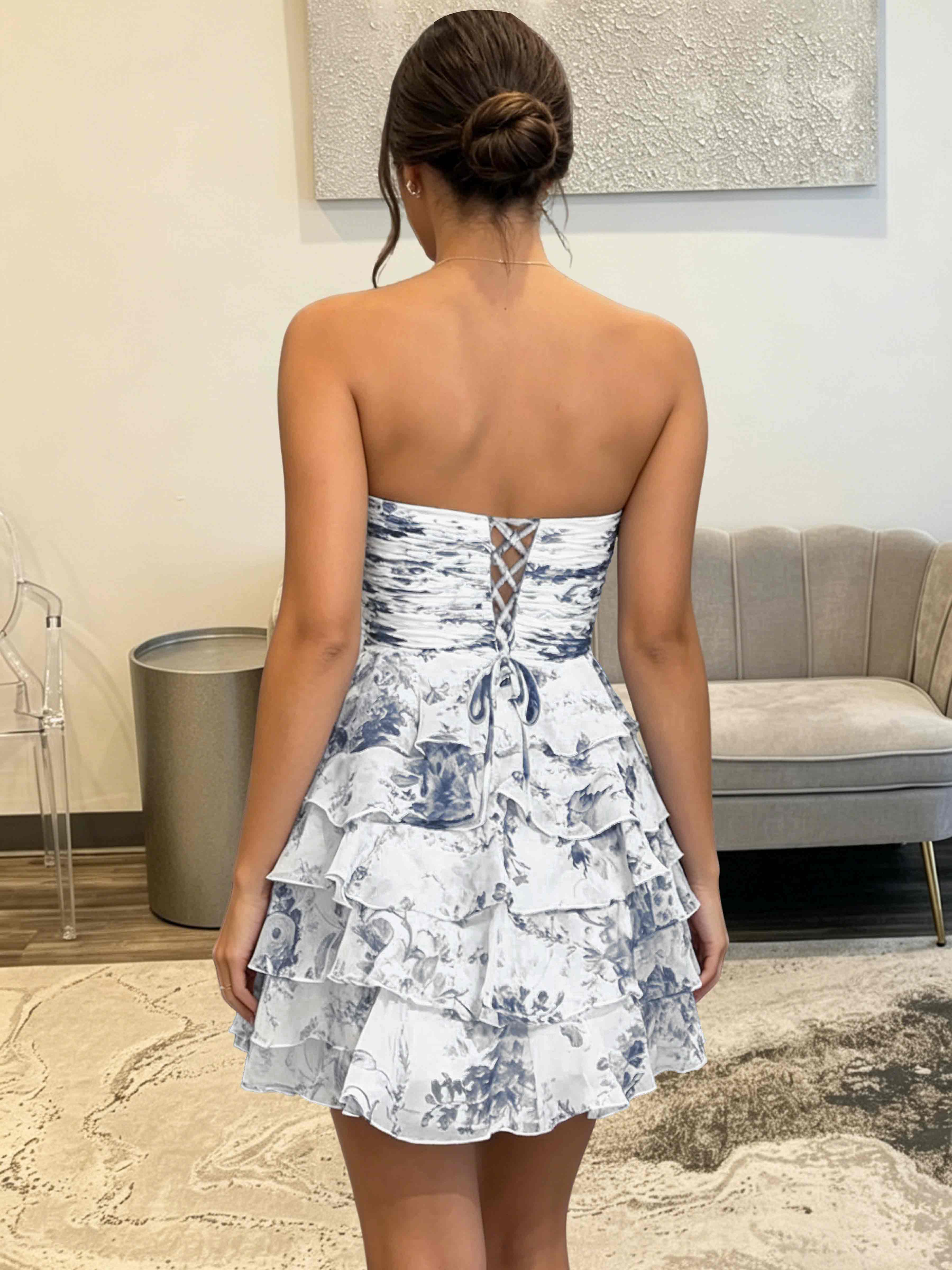 ROVDESY Strapless Tiered Ruffle Floral Print Chiffon Homecoming Mini Dress