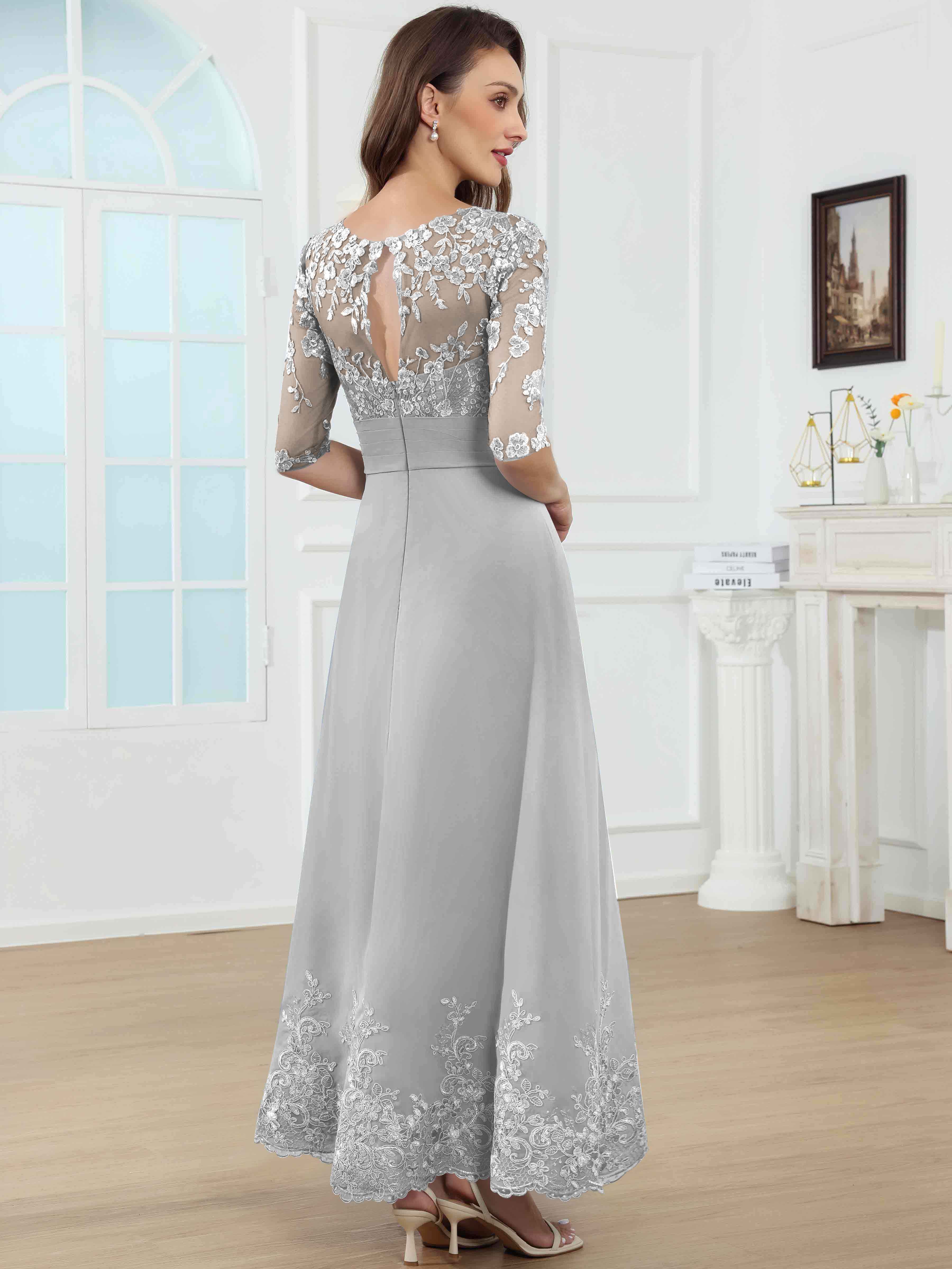 ROVDESY A-Line Lace Sequin Pleated Chiffon Mother Of The Bride Dress With Half Sleeves