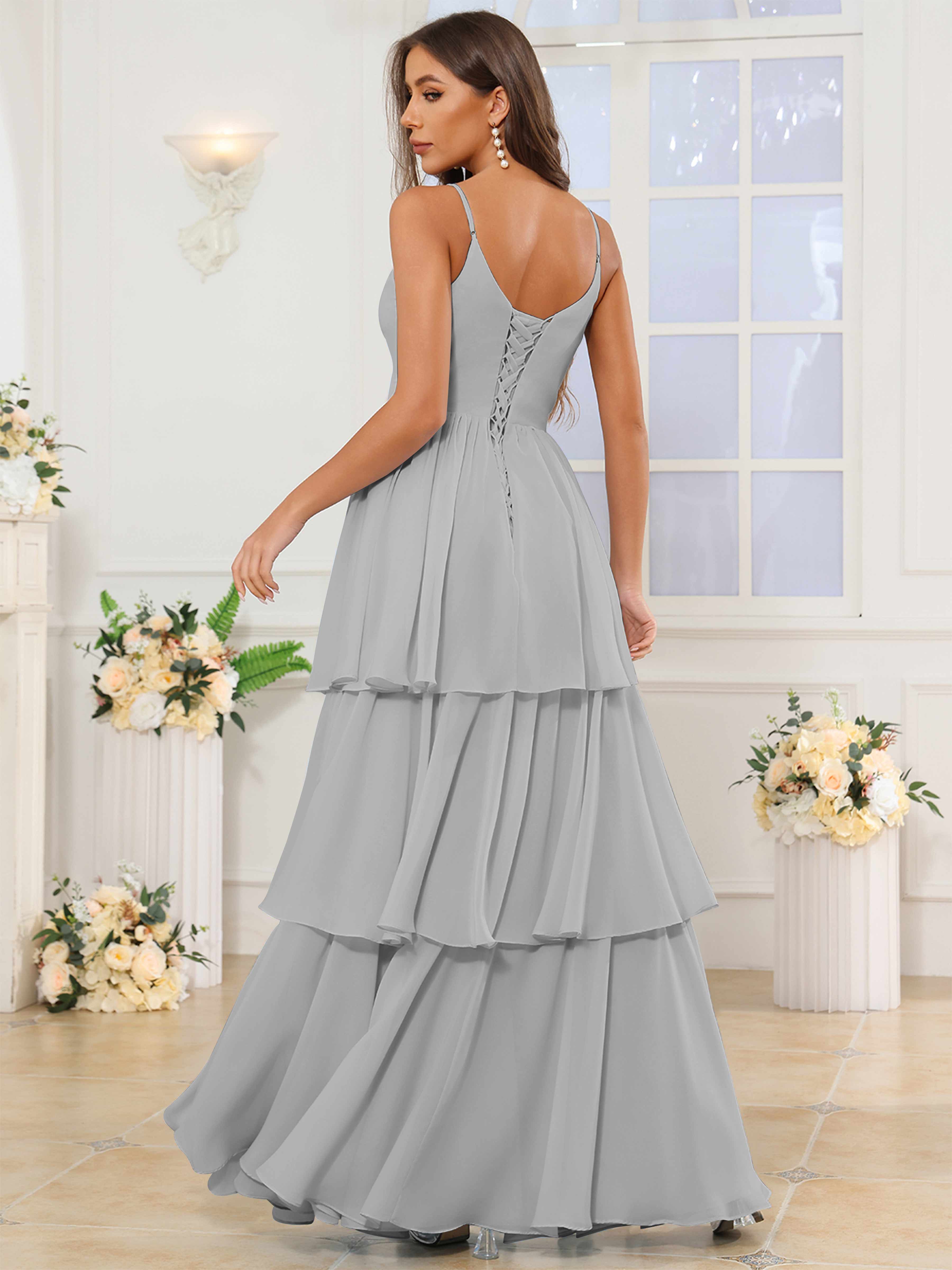 ROVDESY V-Neck Spaghetti Straps Tiered Chiffon Bridesmaid Dress With Ruffles