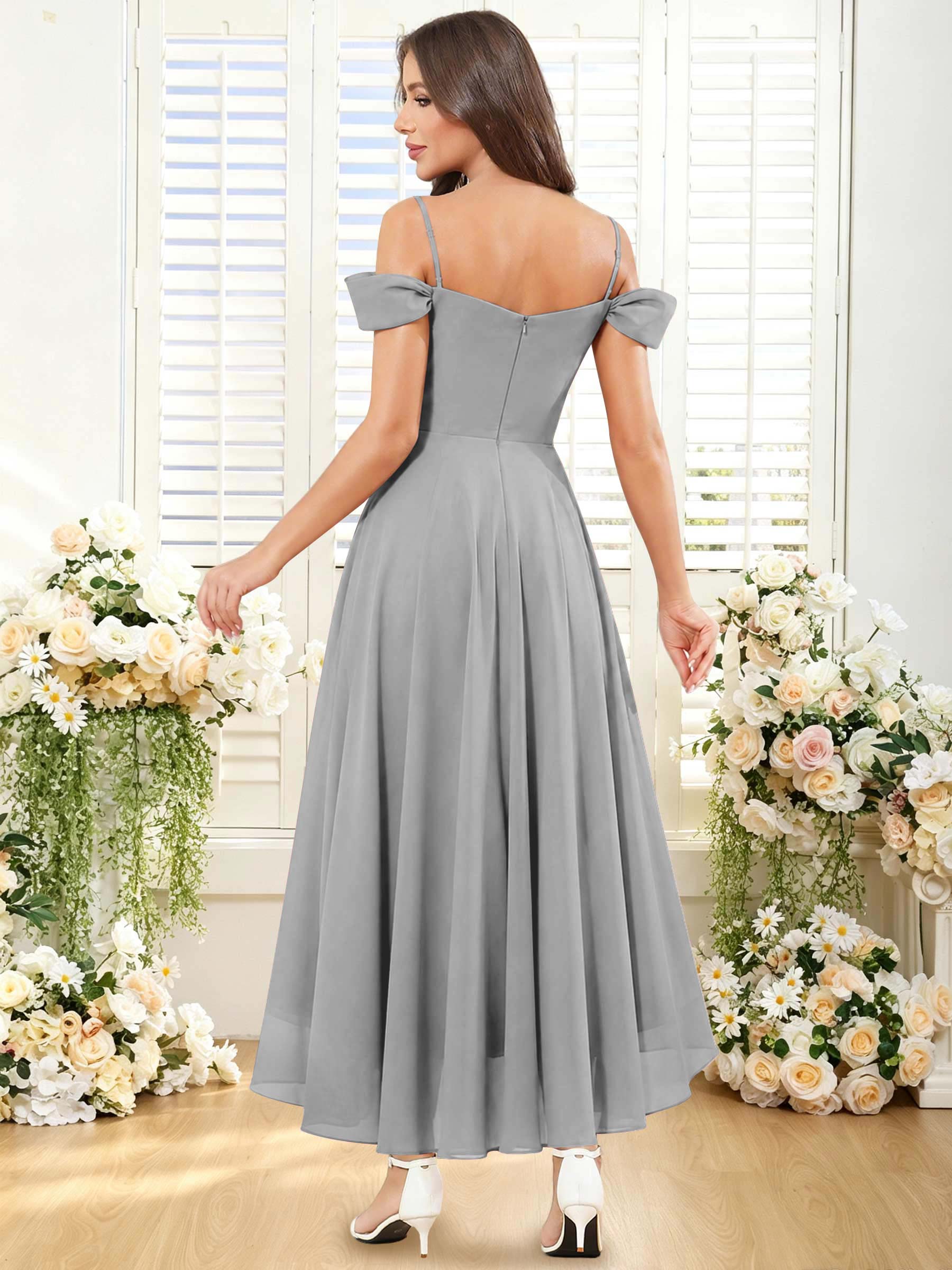 ROVDESY ROVDESY Short Cold Shoulder Sweetheart High Low Pleated Chiffon Bridesmaid Dress