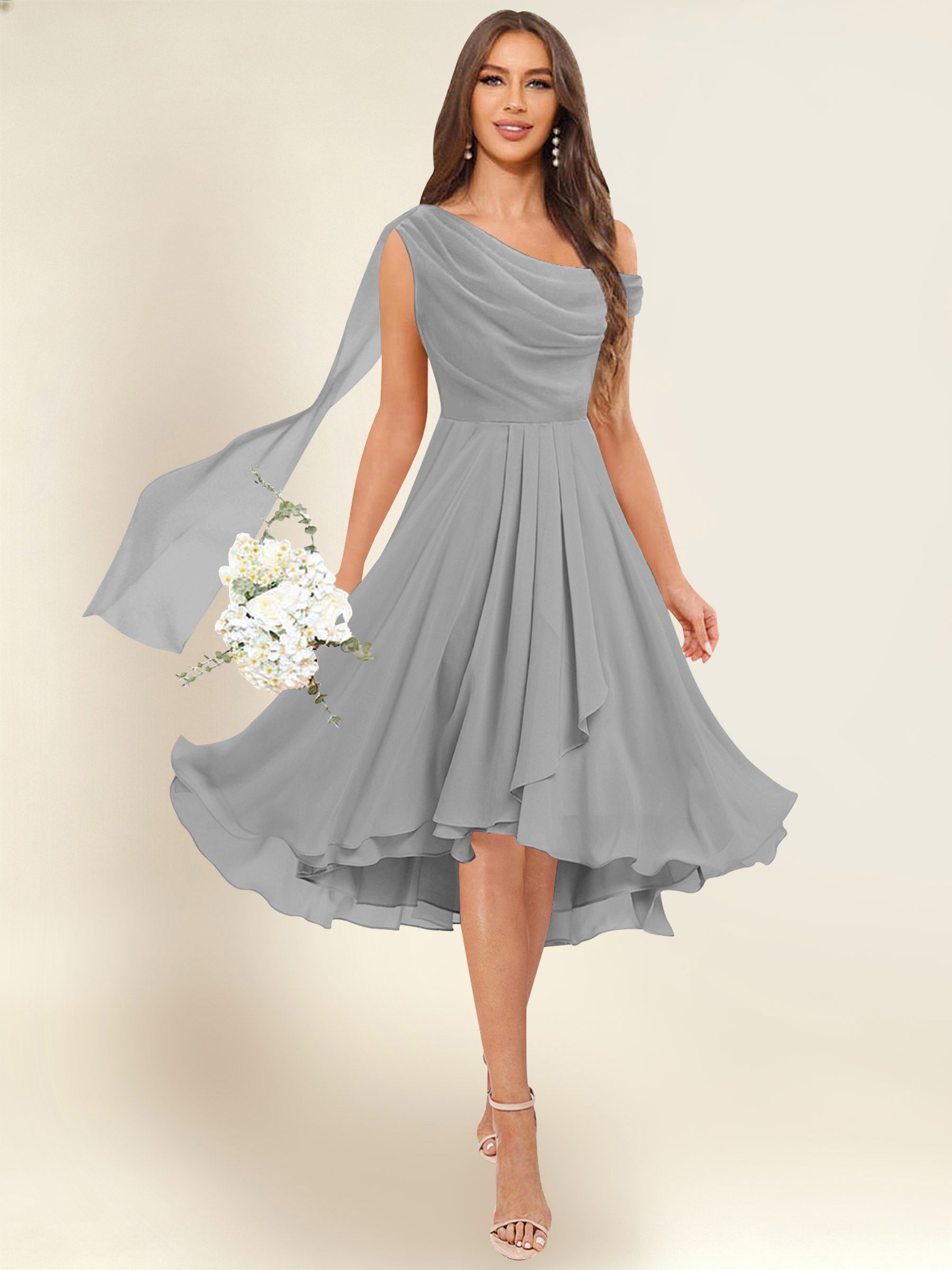 ROVDESY A-Line One Shoulder Pleated Chiffon Bridesmaid Dress With Flowing Sash
