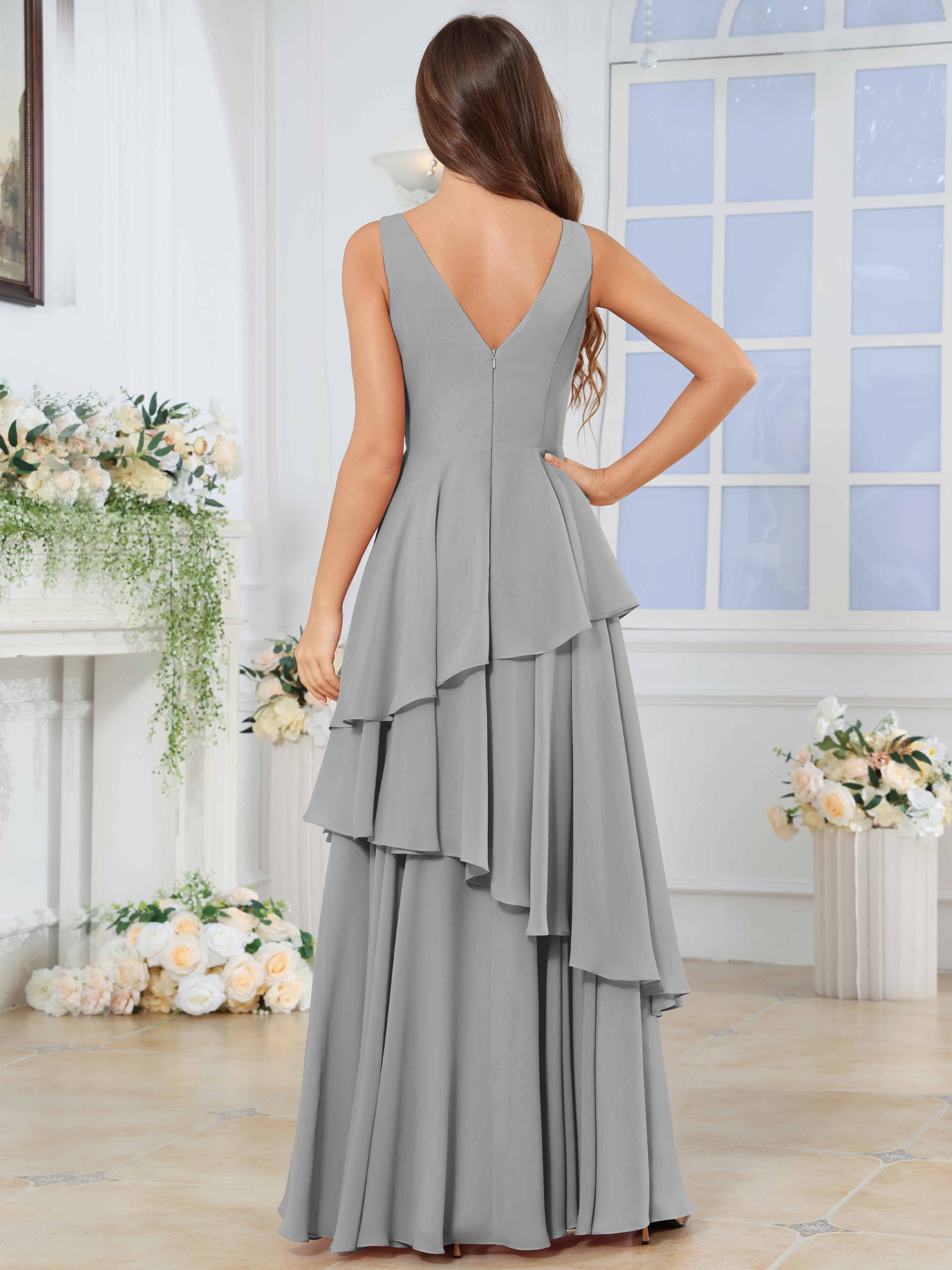 ROVDESY Long Sleeveless V-Neck Tiered Pleated Chiffon Bridesmaid Dress
