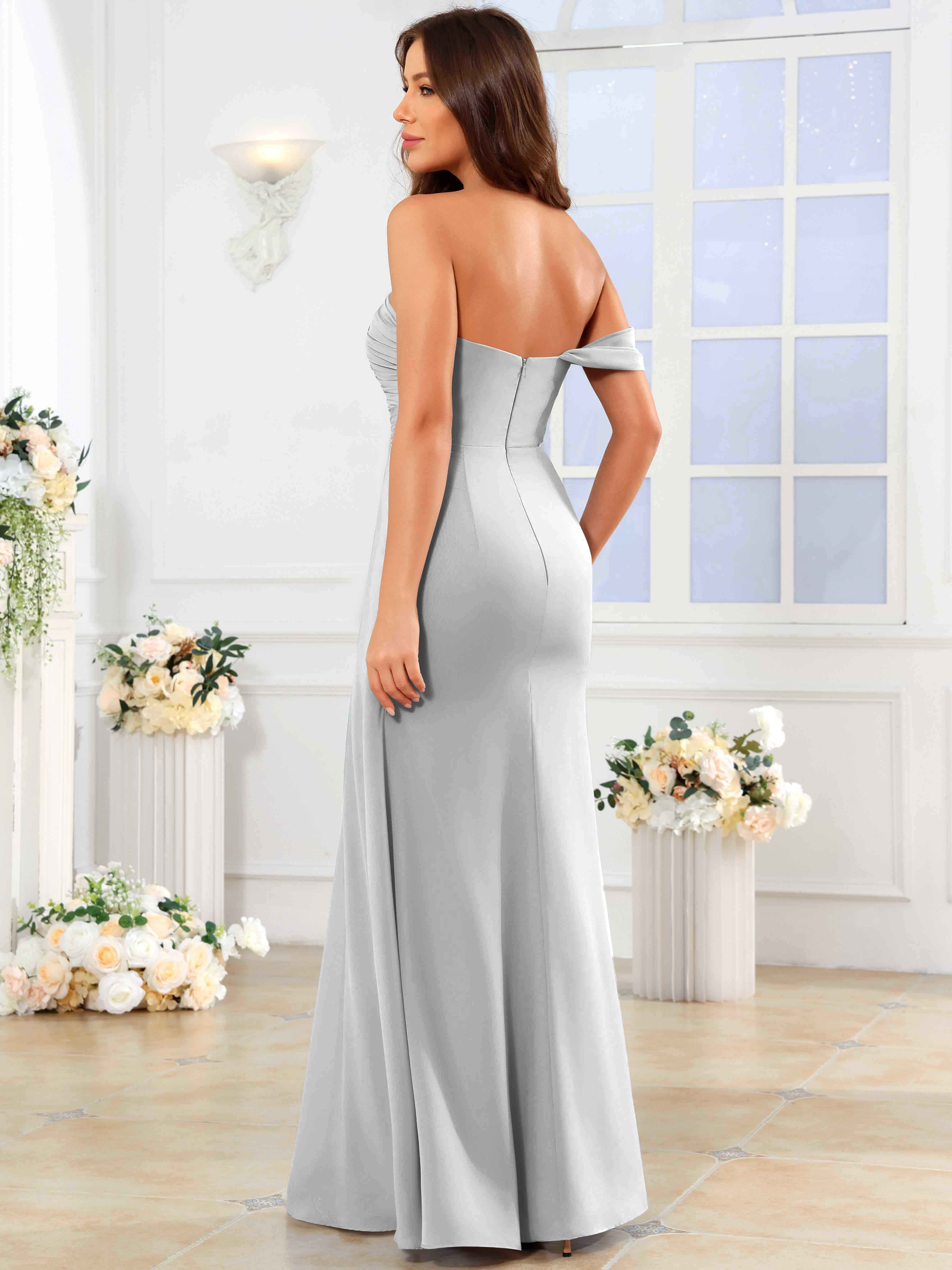 ROVDESY One Shoulder Off The Shoulder Pleated Chiffon Bridesmaid Dress