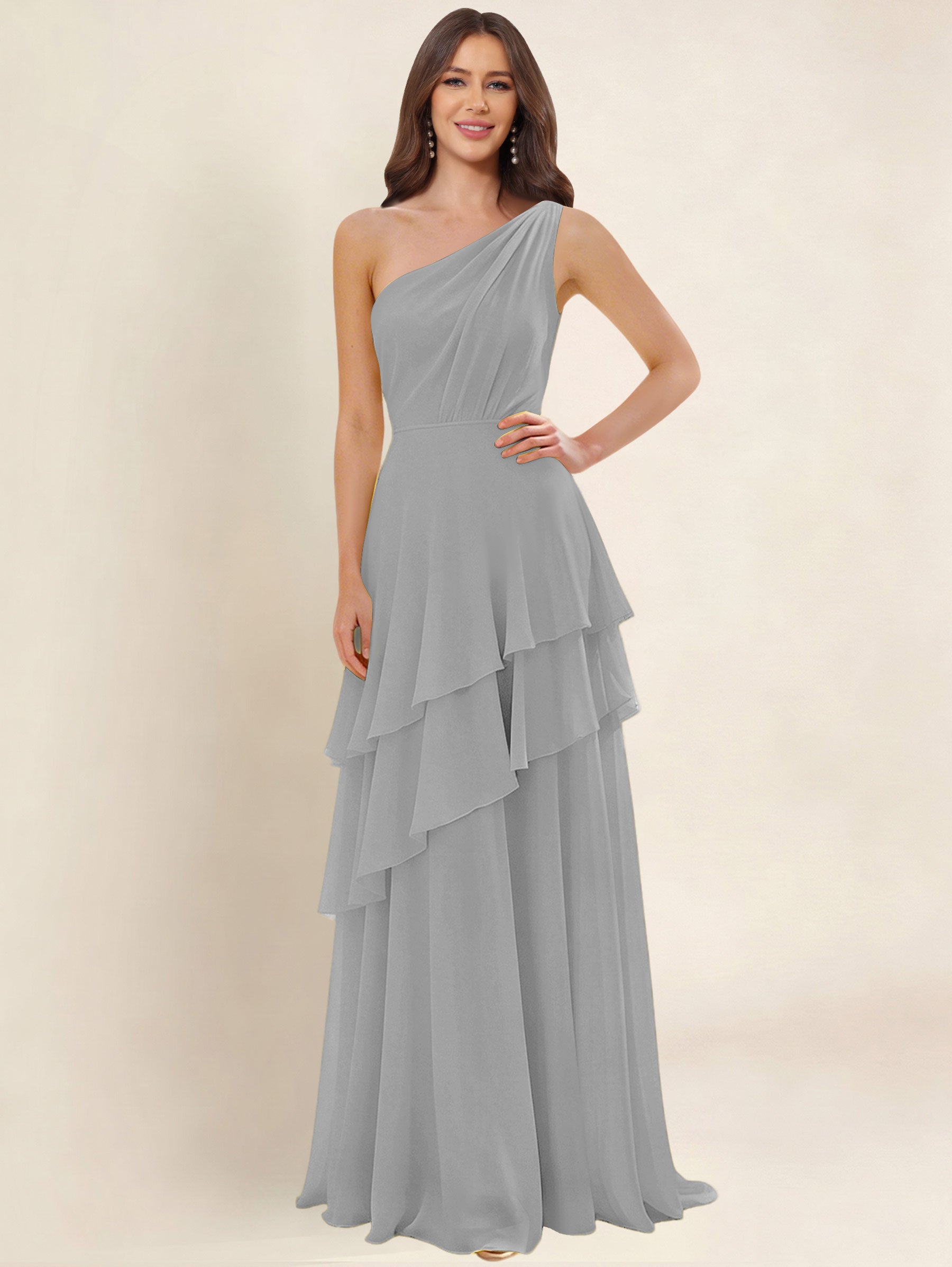 ROVDESY A-Line One Shoulder Pleated Tiered Chiffon Bridesmaid Dress