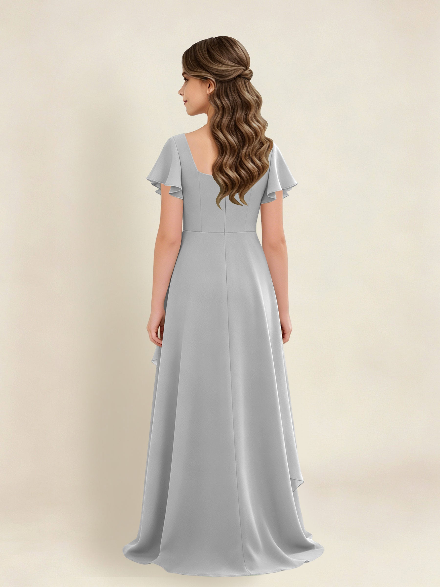 ROVDESY A-Line Square Neck Ruffle Chiffon Junior Bridesmaid Dress With Short Sleeves