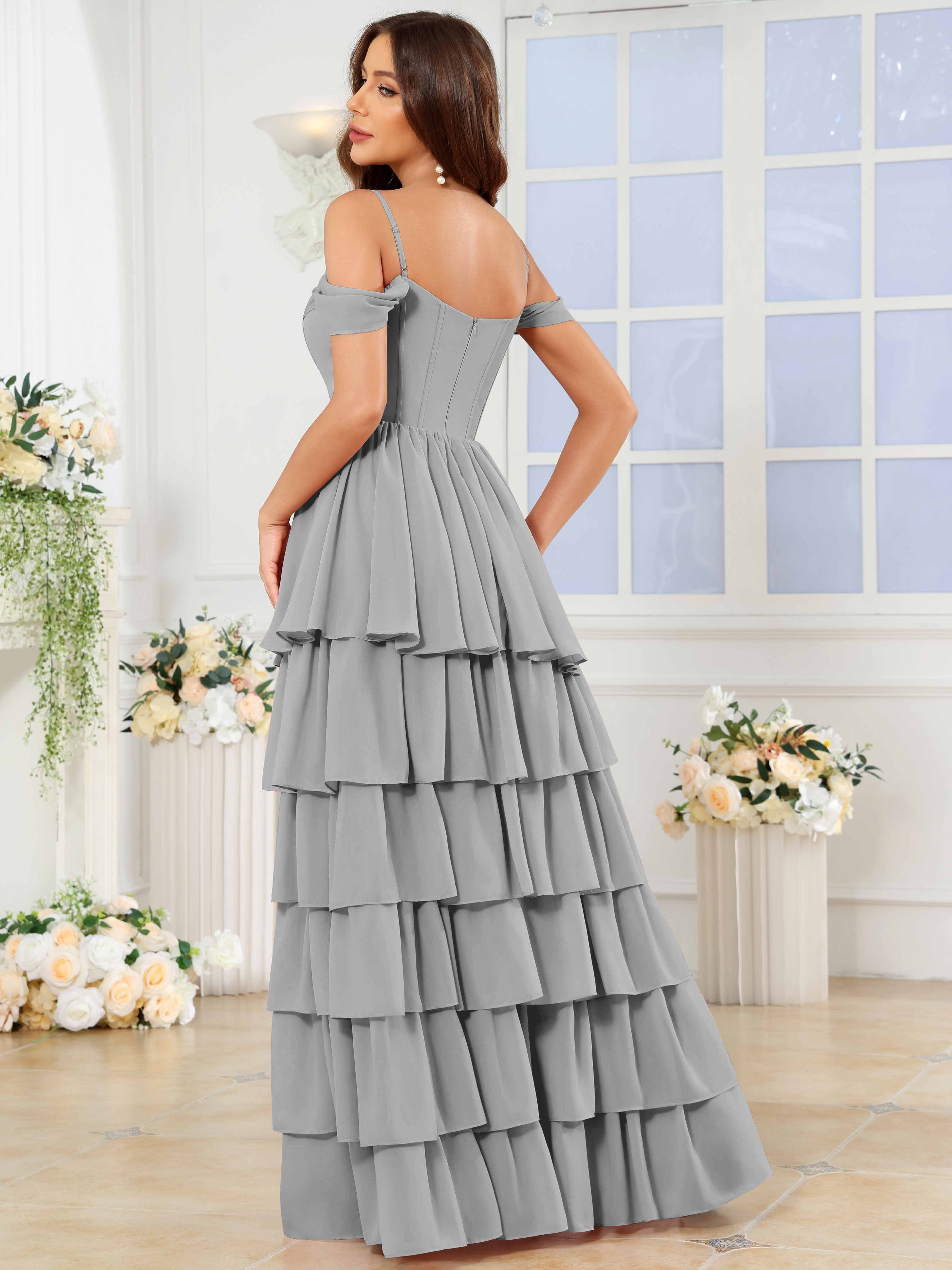 ROVDESY A-Line Off The Shoulder Tiered Chiffon Bridesmaid/Prom Dress With Slit