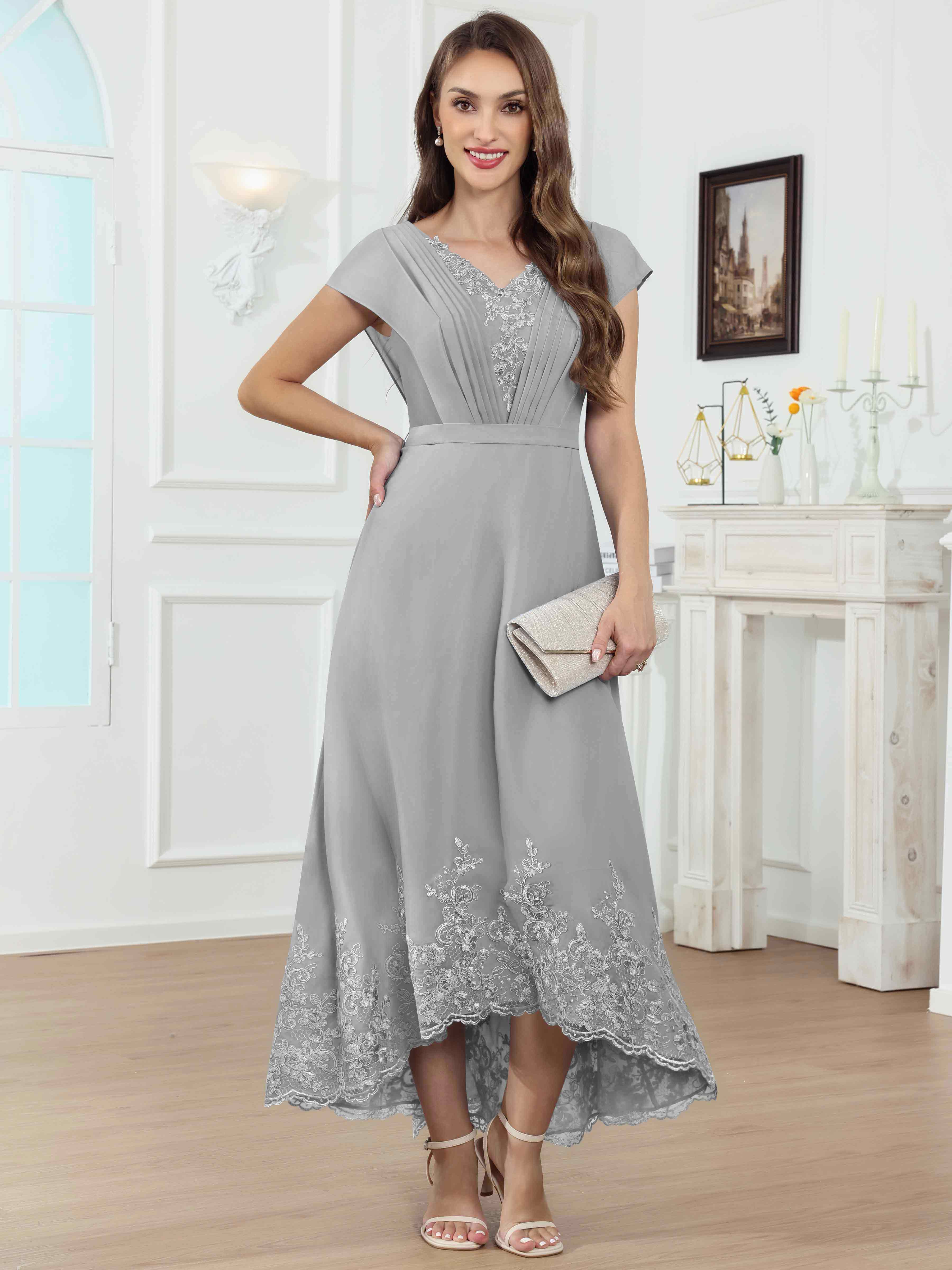 ROVDESY Tea Length High-Low V-Neck Ruched Lace Chiffon Mother of The Bride Dress for Women