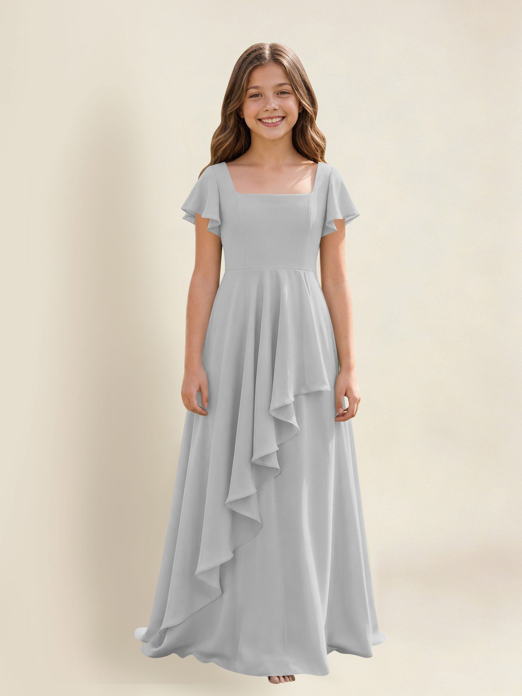 ROVDESY A-Line Square Neck Ruffle Chiffon Junior Bridesmaid Dress With Short Sleeves