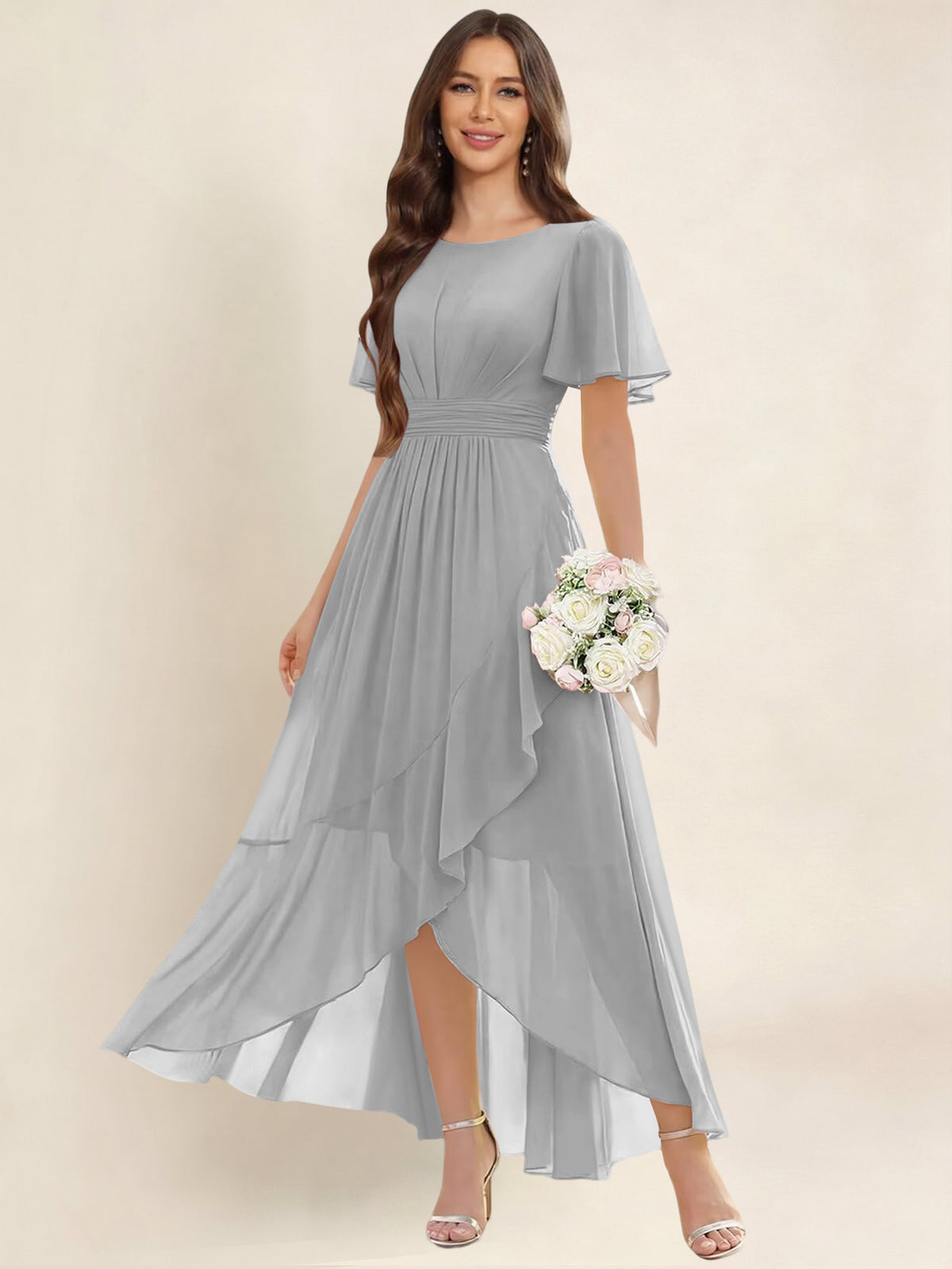 ROVDESY A-Line High Low Round Neck Pleated Ruffle Chiffon Bridesmaid Dress With Short Sleeves