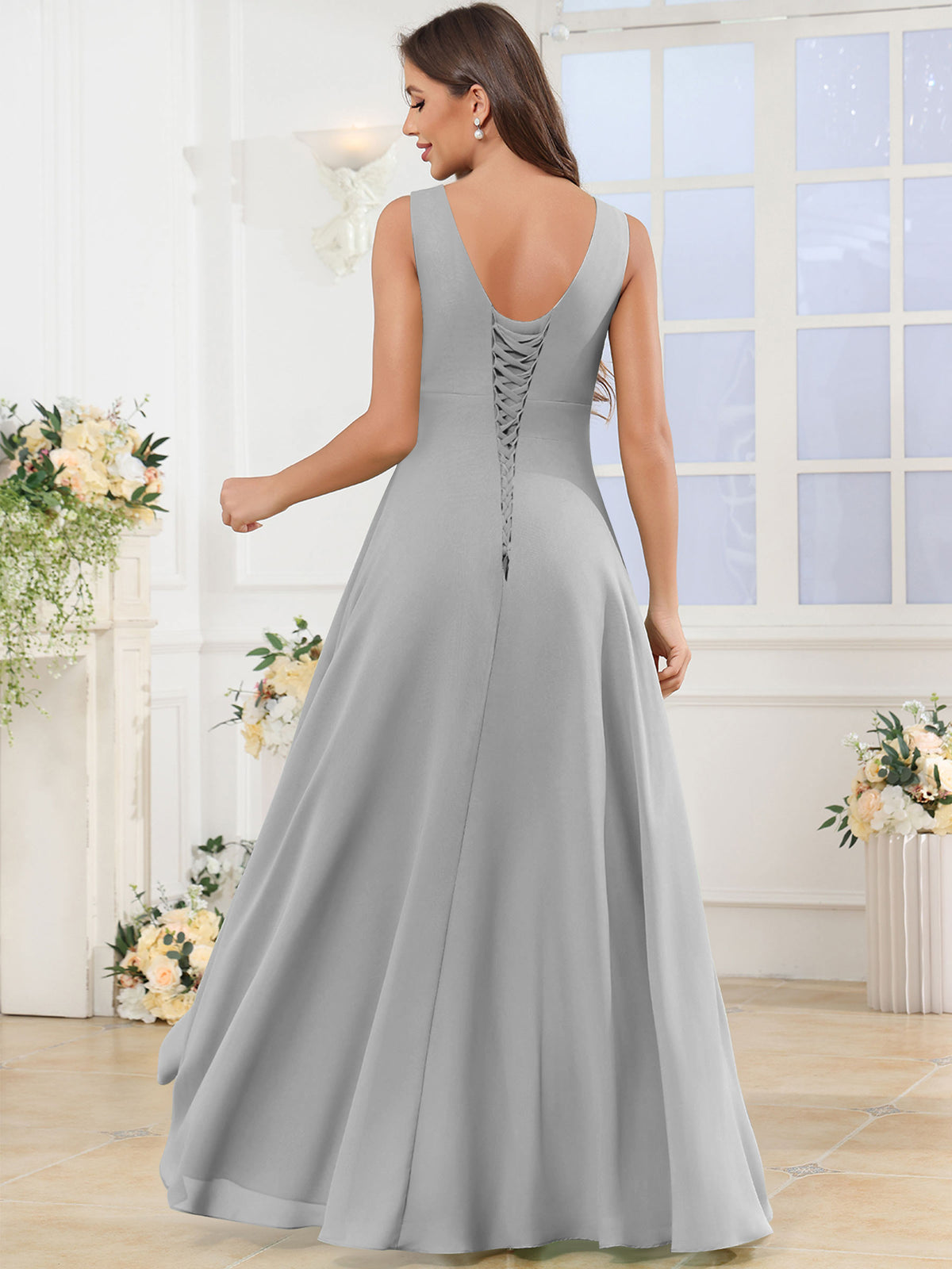 V Neck Chiffon A Line Ruffle Bridesmaid Dress with Slit