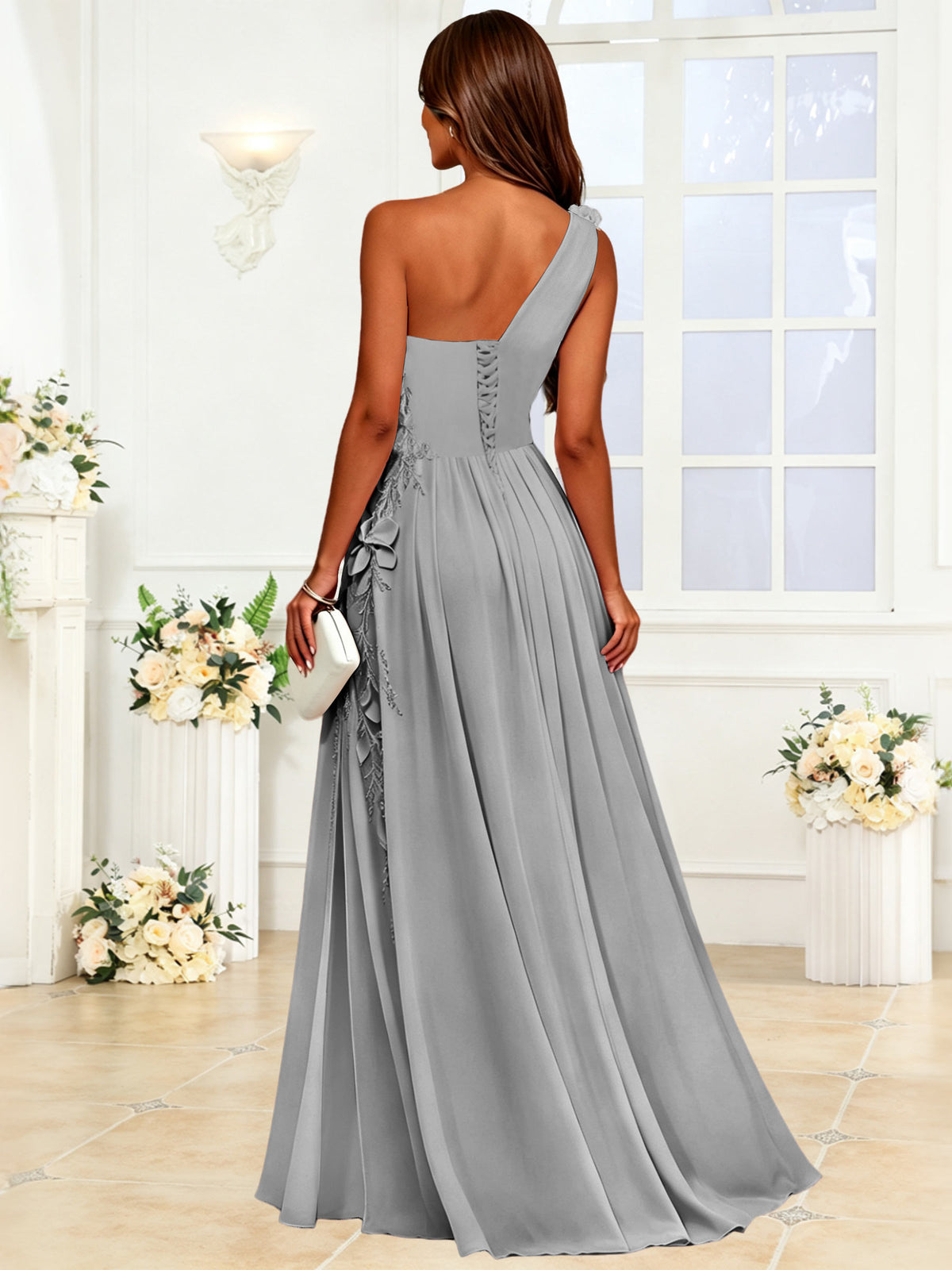 One Shoulder 3D Flower Chiffon Bridesmaid Dress with Slit