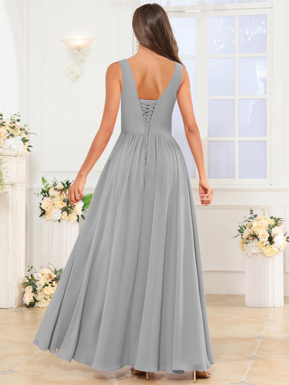 V Neck Chiffon A Line Bridesmaid Dress with Slit