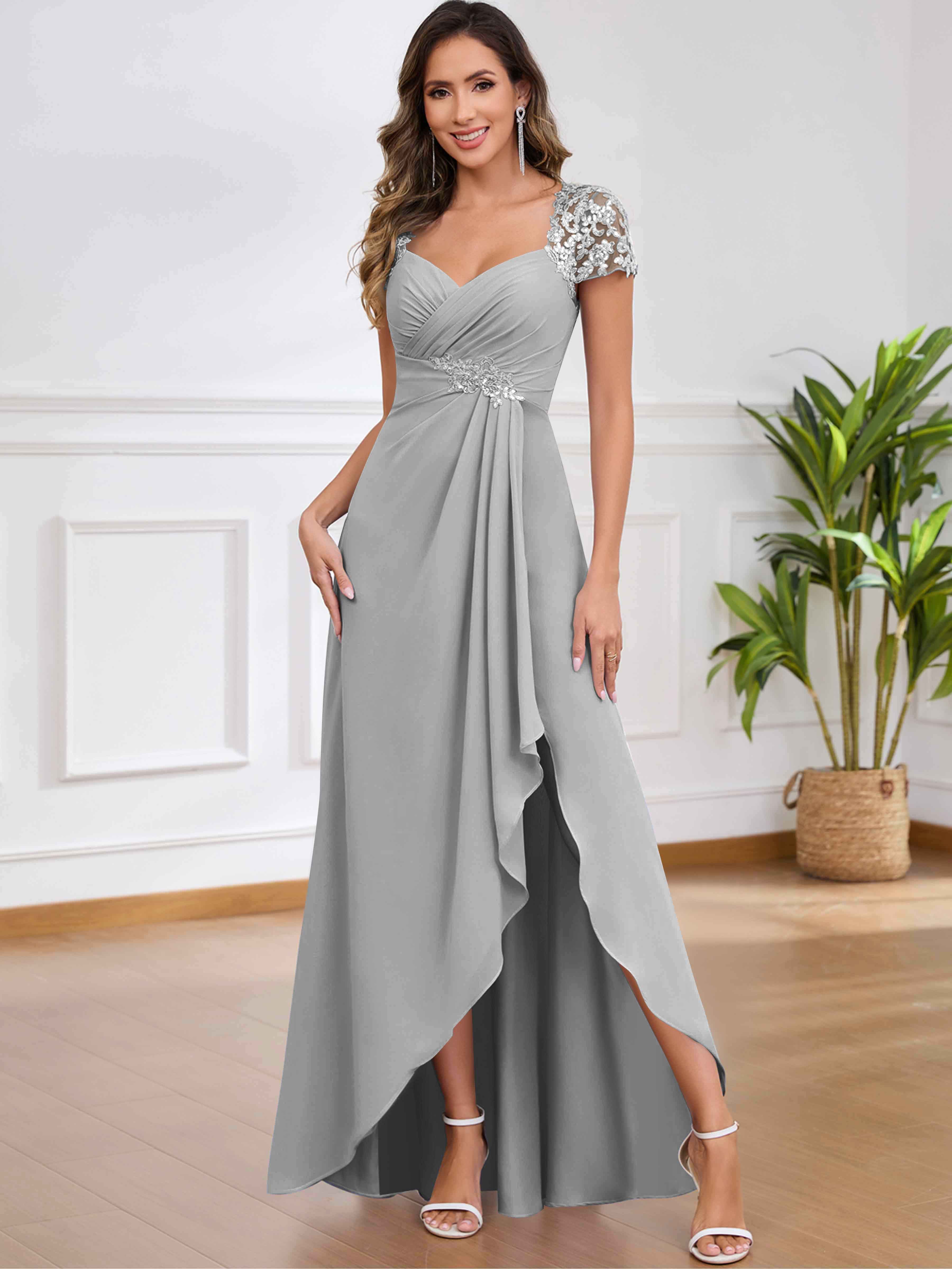 ROVDESY A-Line Pleated Lace Sequin Ruffle Chiffon Mother Of The Bride Dress With Slit