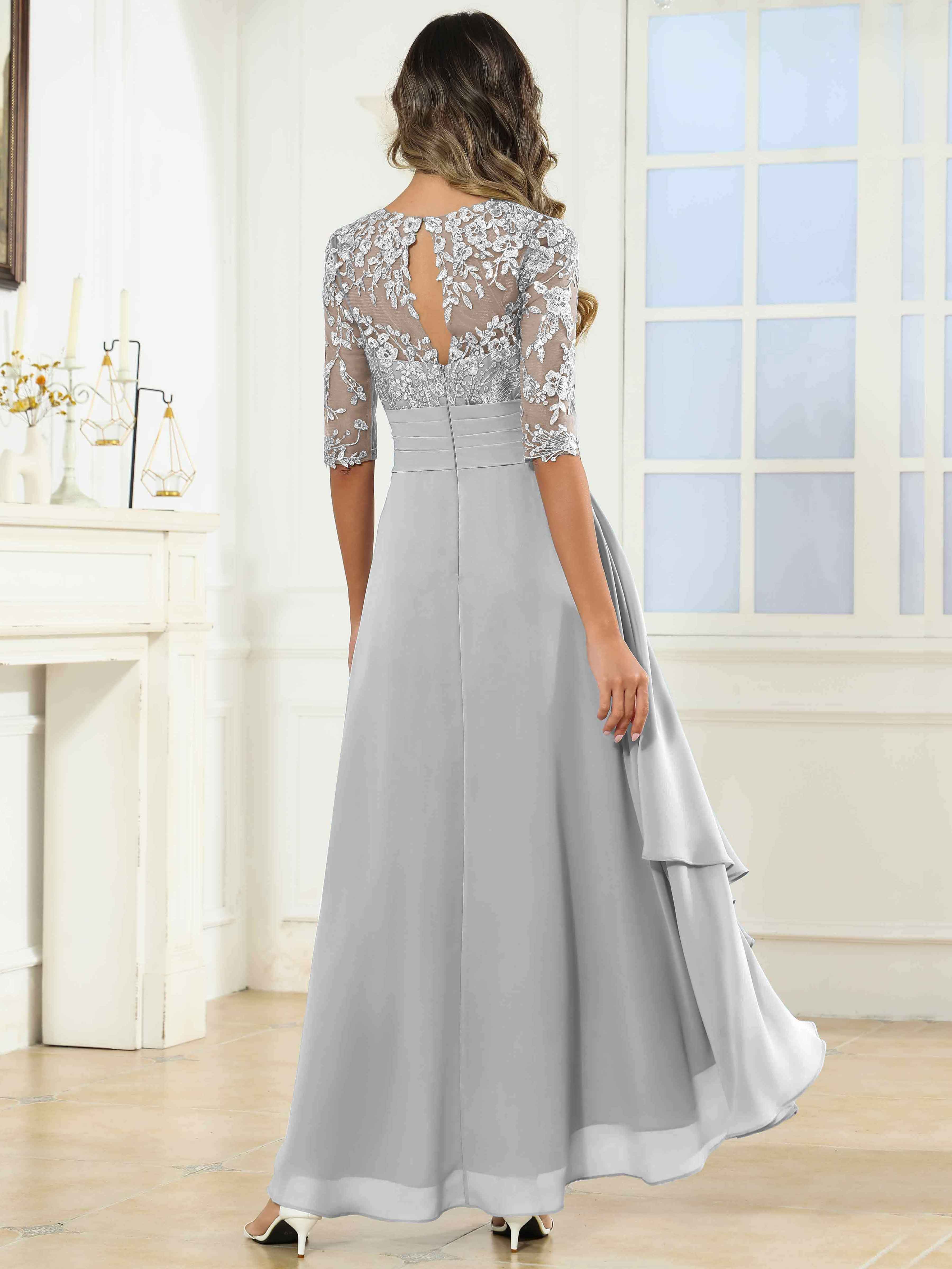 ROVDESY Tea Length A-Line Lace Chiffon Mother Of The Bride Dress With Half Sleeves