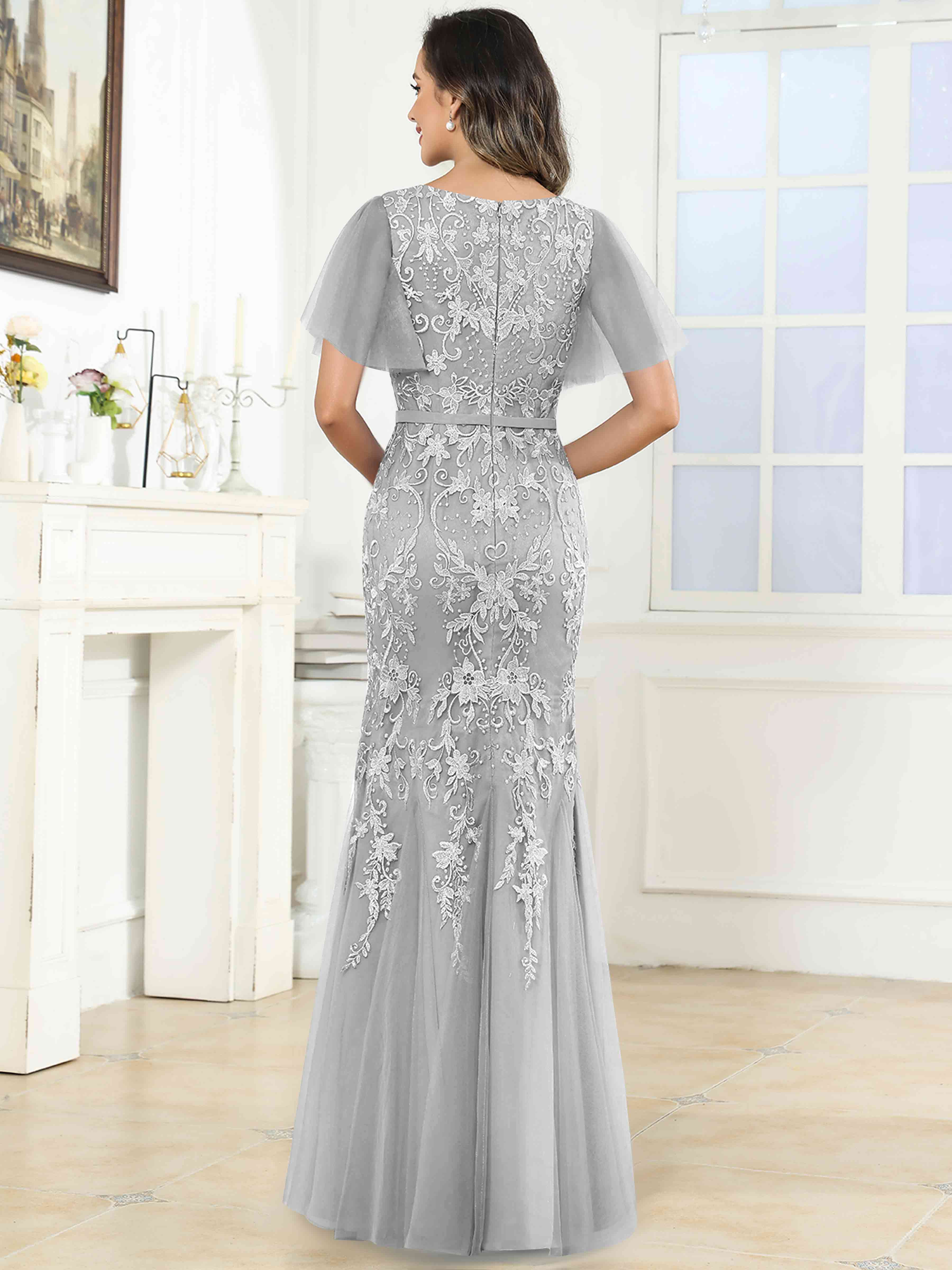 ROVDESY Elegant V-Neck Lace Mermaid Long Mother Of The Bride Dress Formal Gown With Sleeves