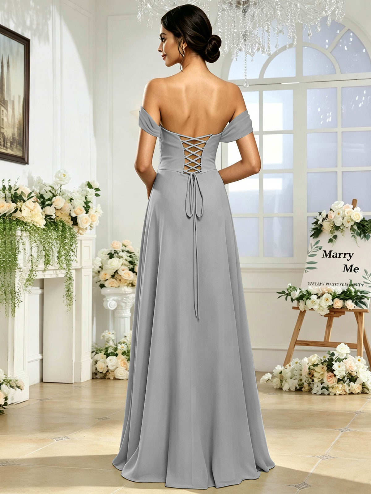 Off the Shoulder Chiffon A Line Long Bridesmaid Dress with Slit