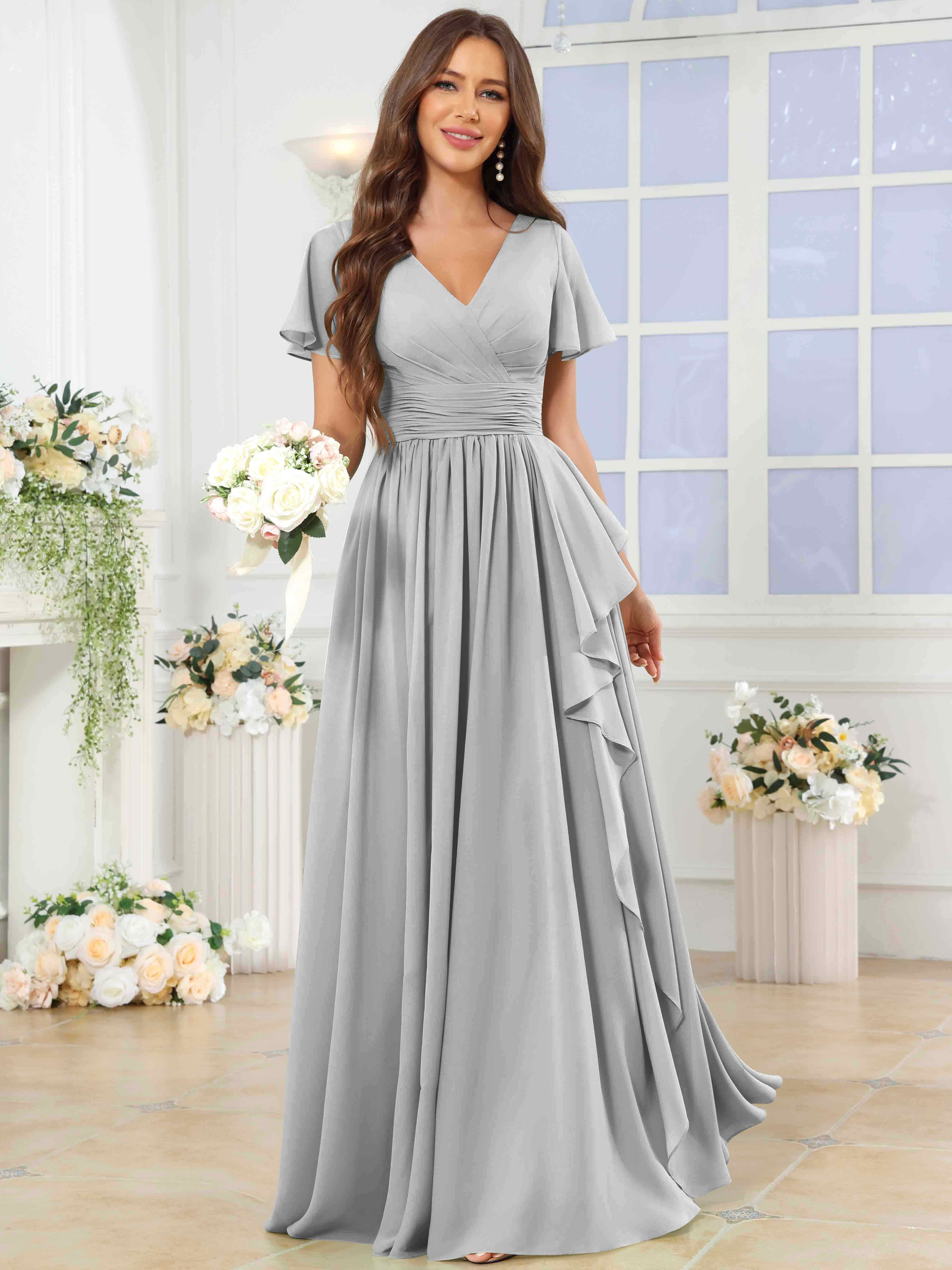 ROVDESY A-Line V-Neck Slit Pleated Ruffle Chiffon Bridesmaid Dress With Short Sleeves