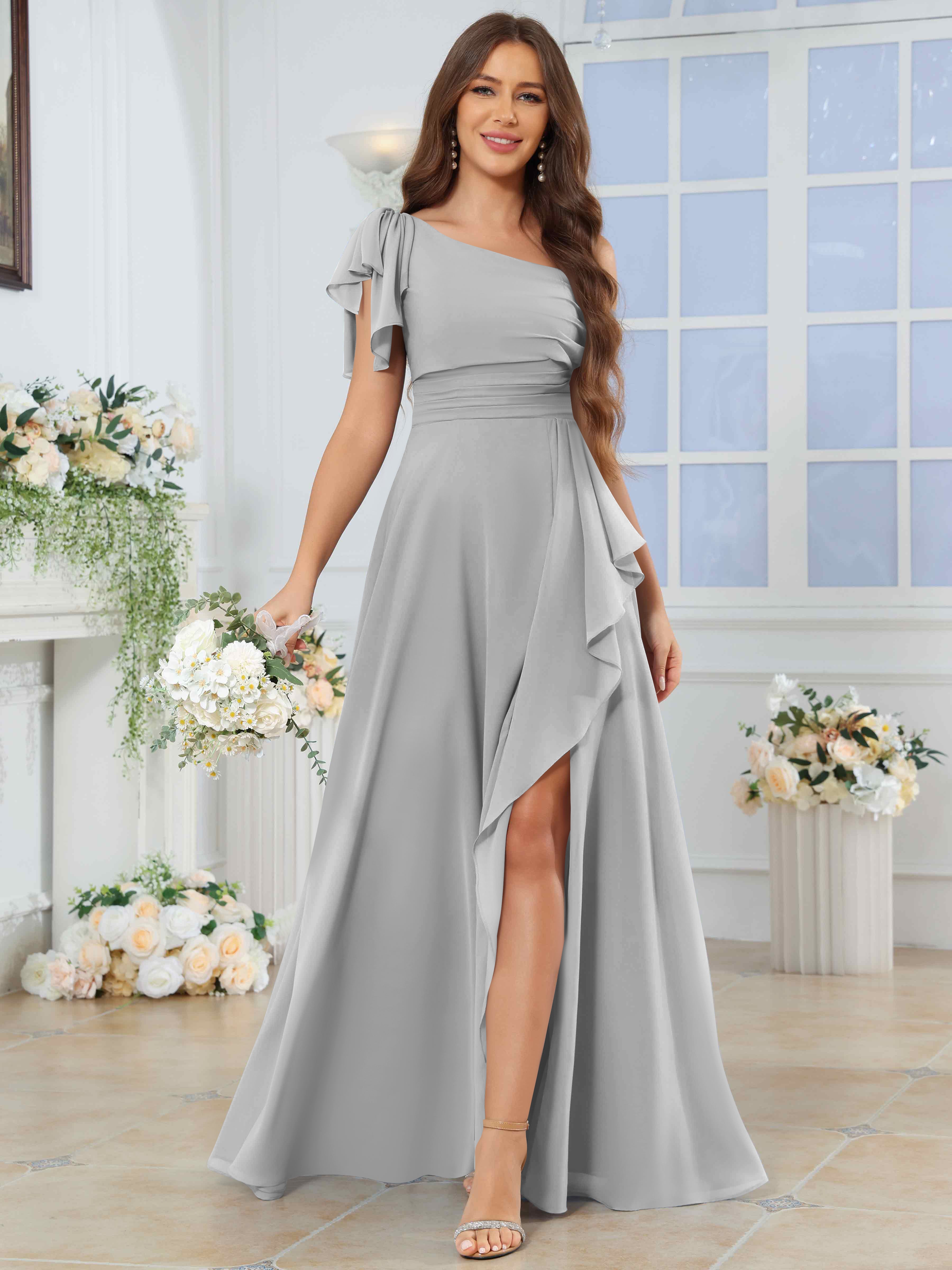 ROVDESY One Shoulder Pleated Ruffle Chiffon Bridesmaid Dress With Slit