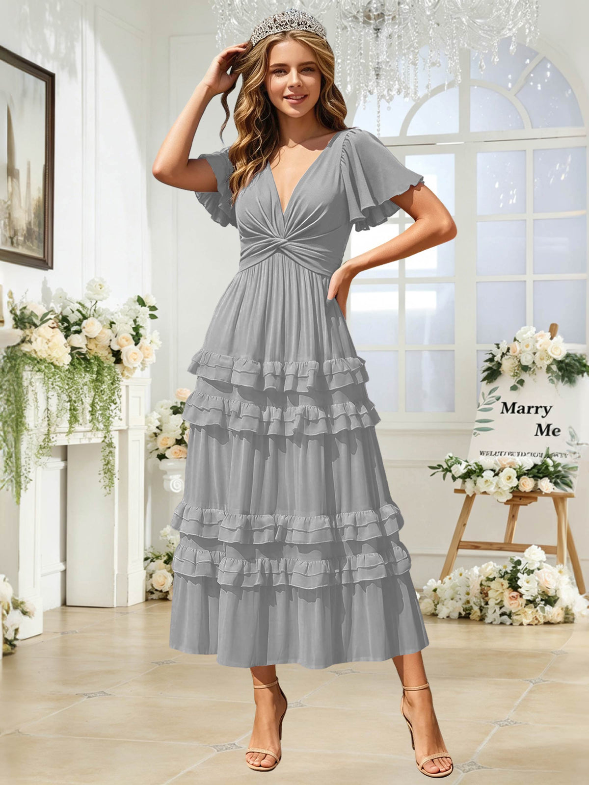 A Line Chiffon Pleated Bridesmaid Dress with Sleeves