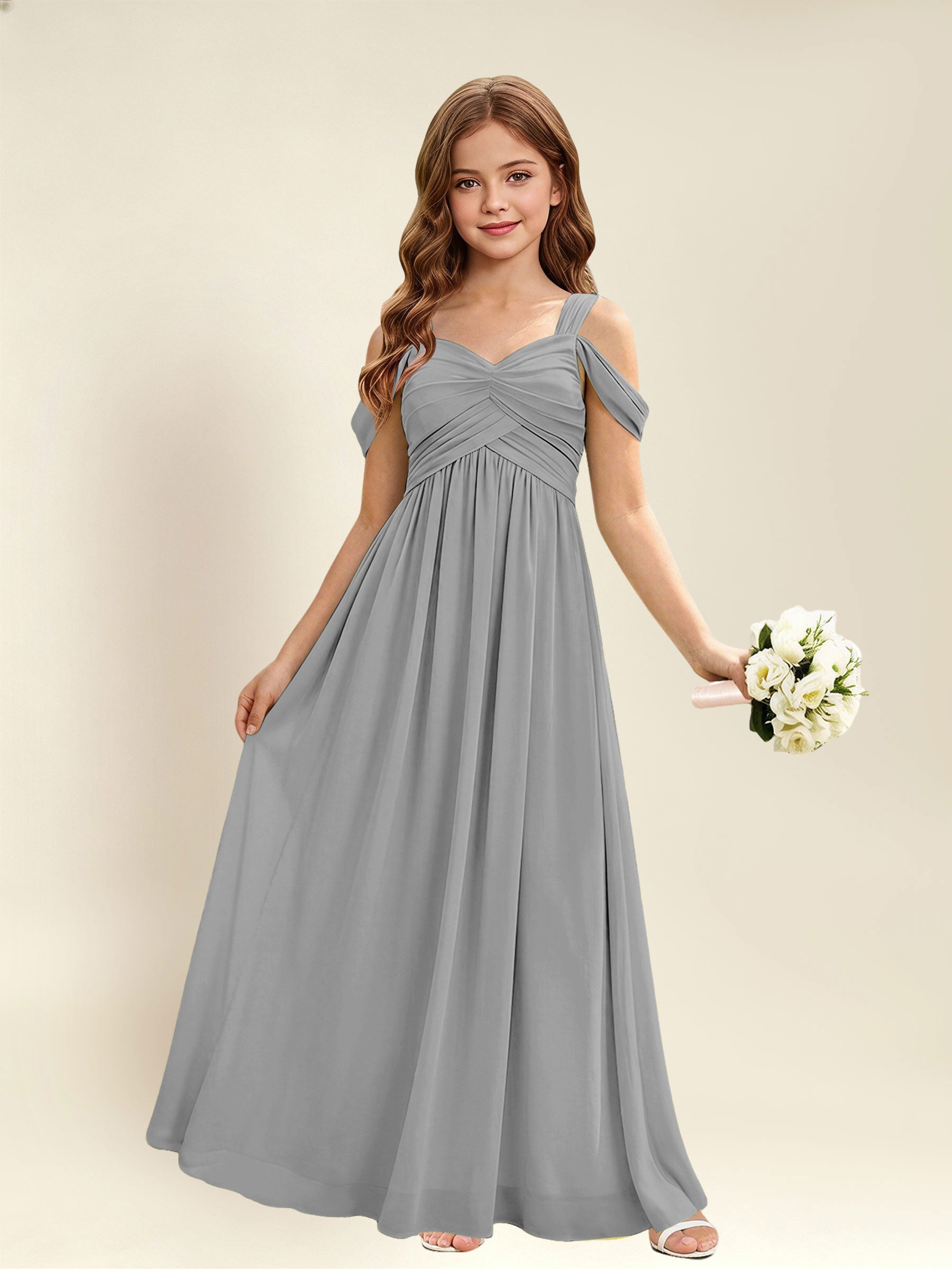 ROVDESY A-Line Off The Shoulder Pleated Chiffon Junior Bridesmaid Dress