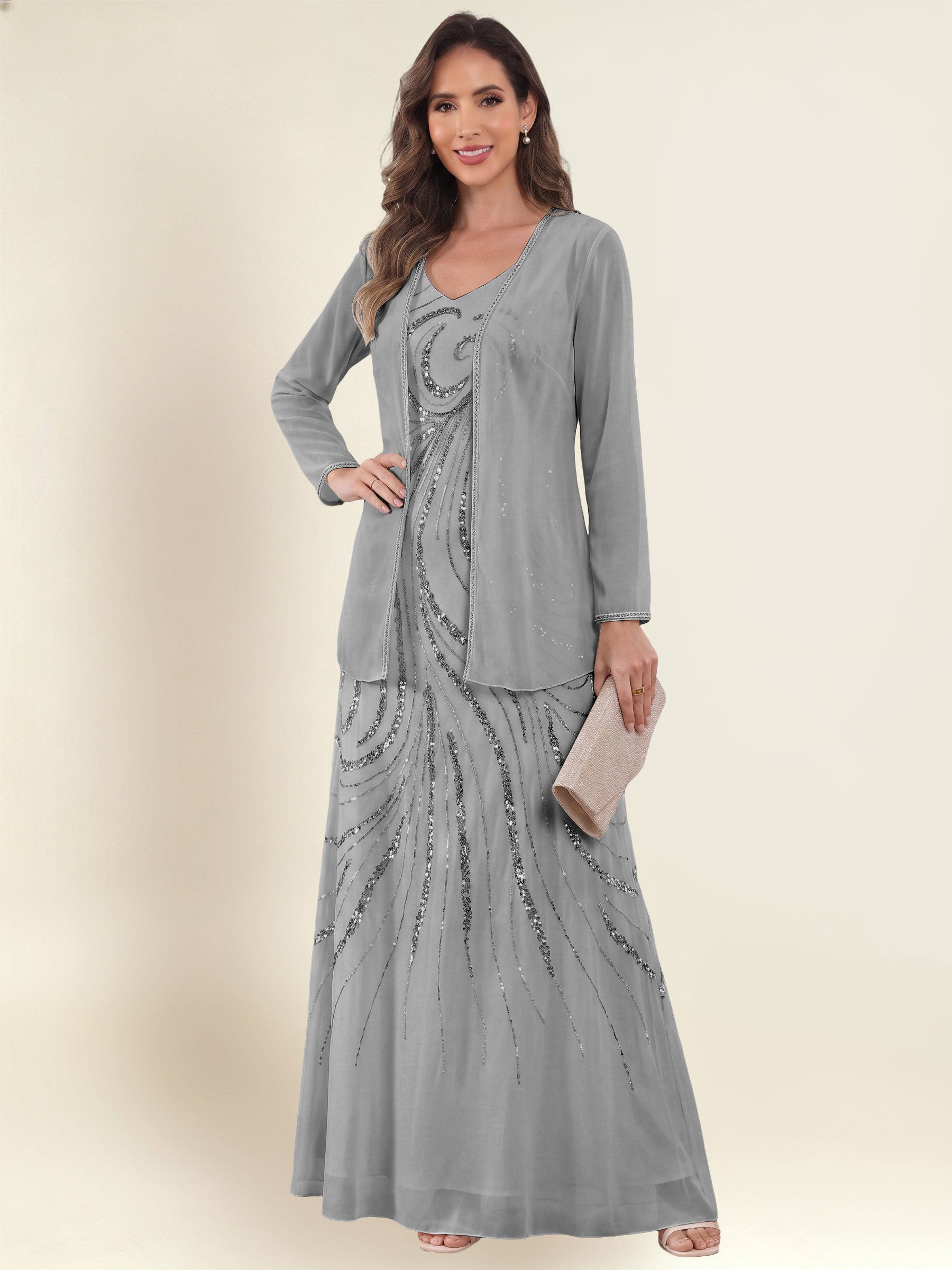 ROVDESY 2 Pieces V-Neck Sequin Chiffon Long Mother Of The Bride Dress With Long Sleeve Jacket