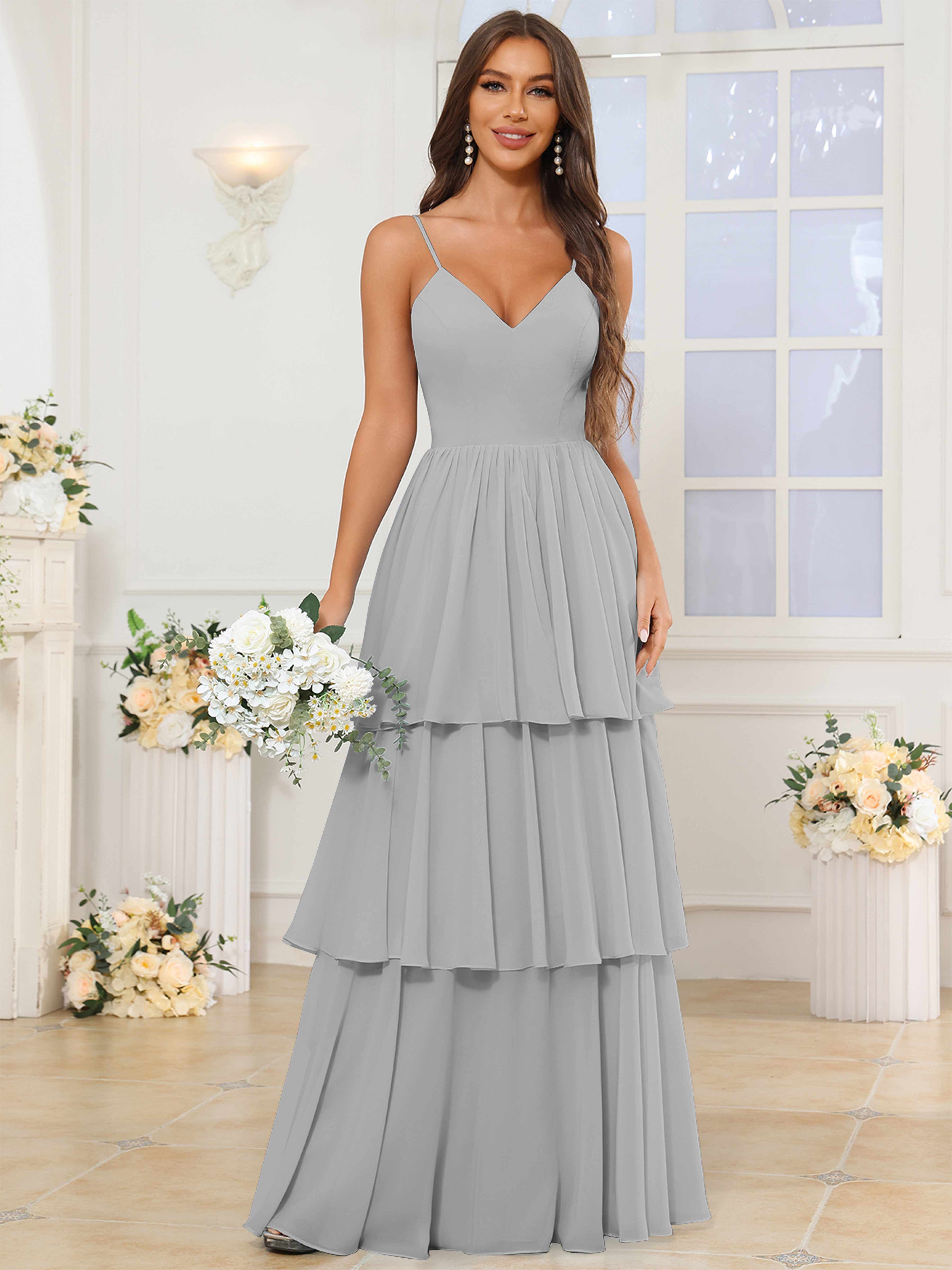 ROVDESY V-Neck Spaghetti Straps Tiered Chiffon Bridesmaid Dress With Ruffles