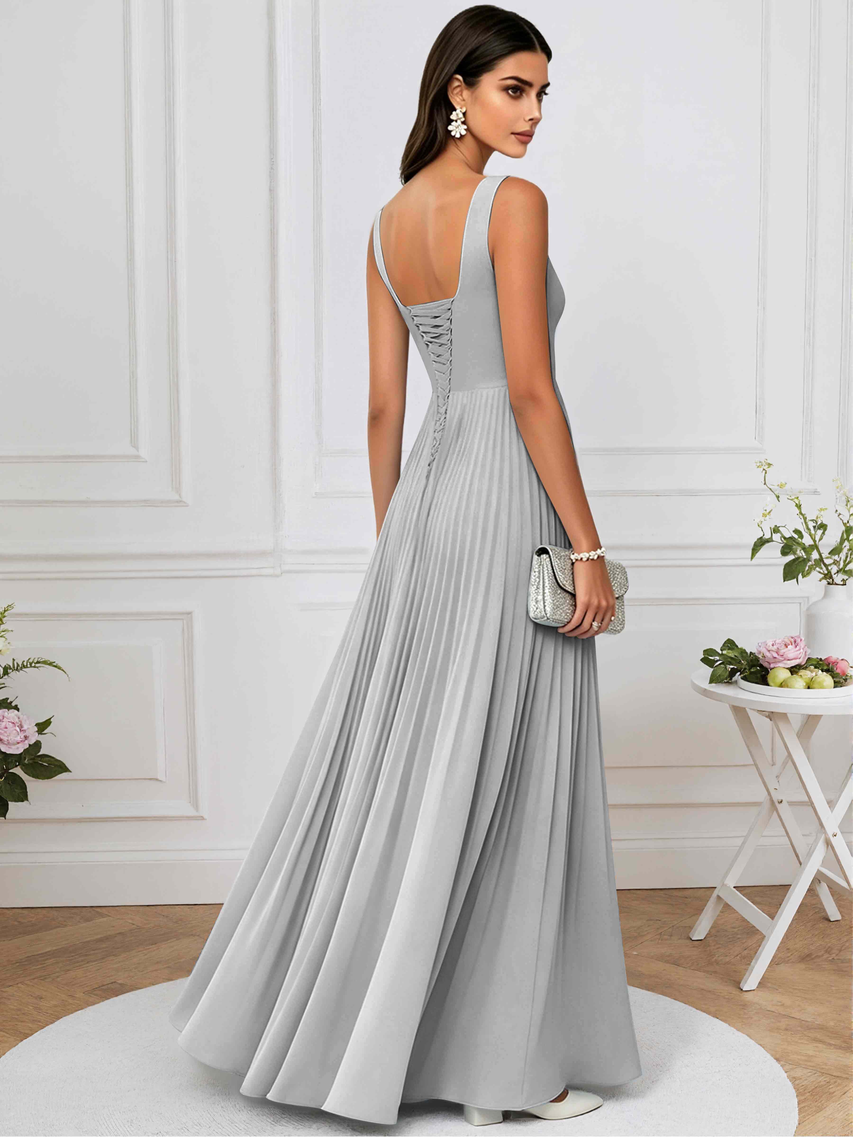 ROVDESY A-Line Square Neck Pleated Chiffon Long Bridesmaid/Prom Dress