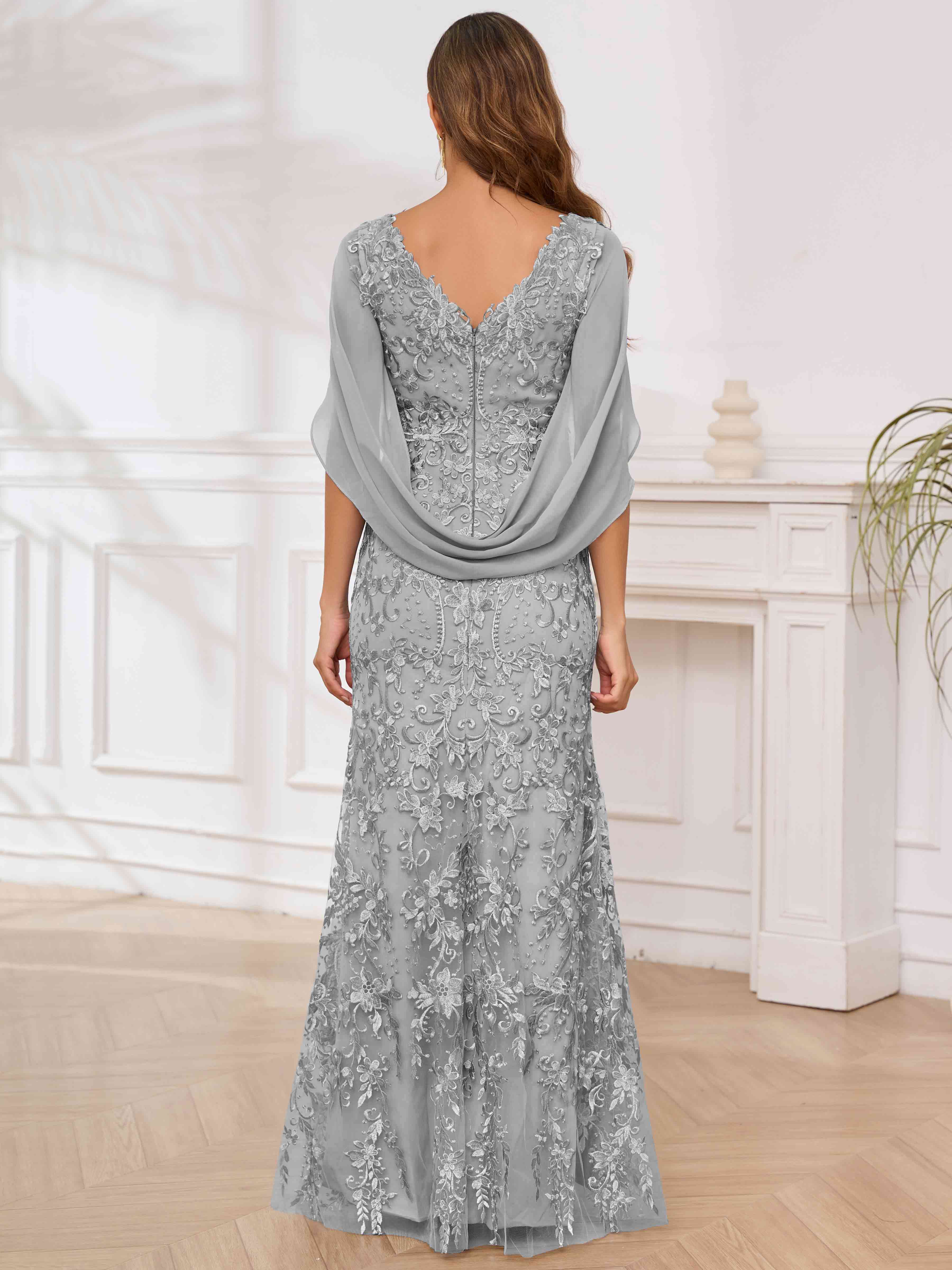 ROVDESY V-Neck Lace Mermaid Mother Of The Bride Dress With Cape Sleeves Long Formal Gown