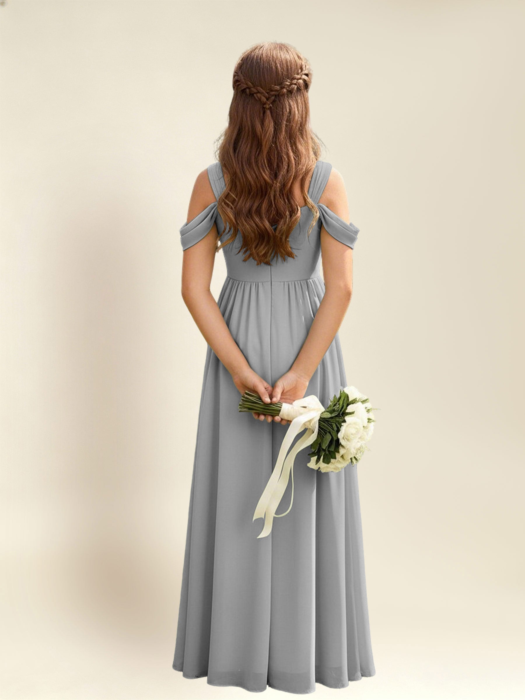 ROVDESY A-Line Off The Shoulder Pleated Chiffon Junior Bridesmaid Dress