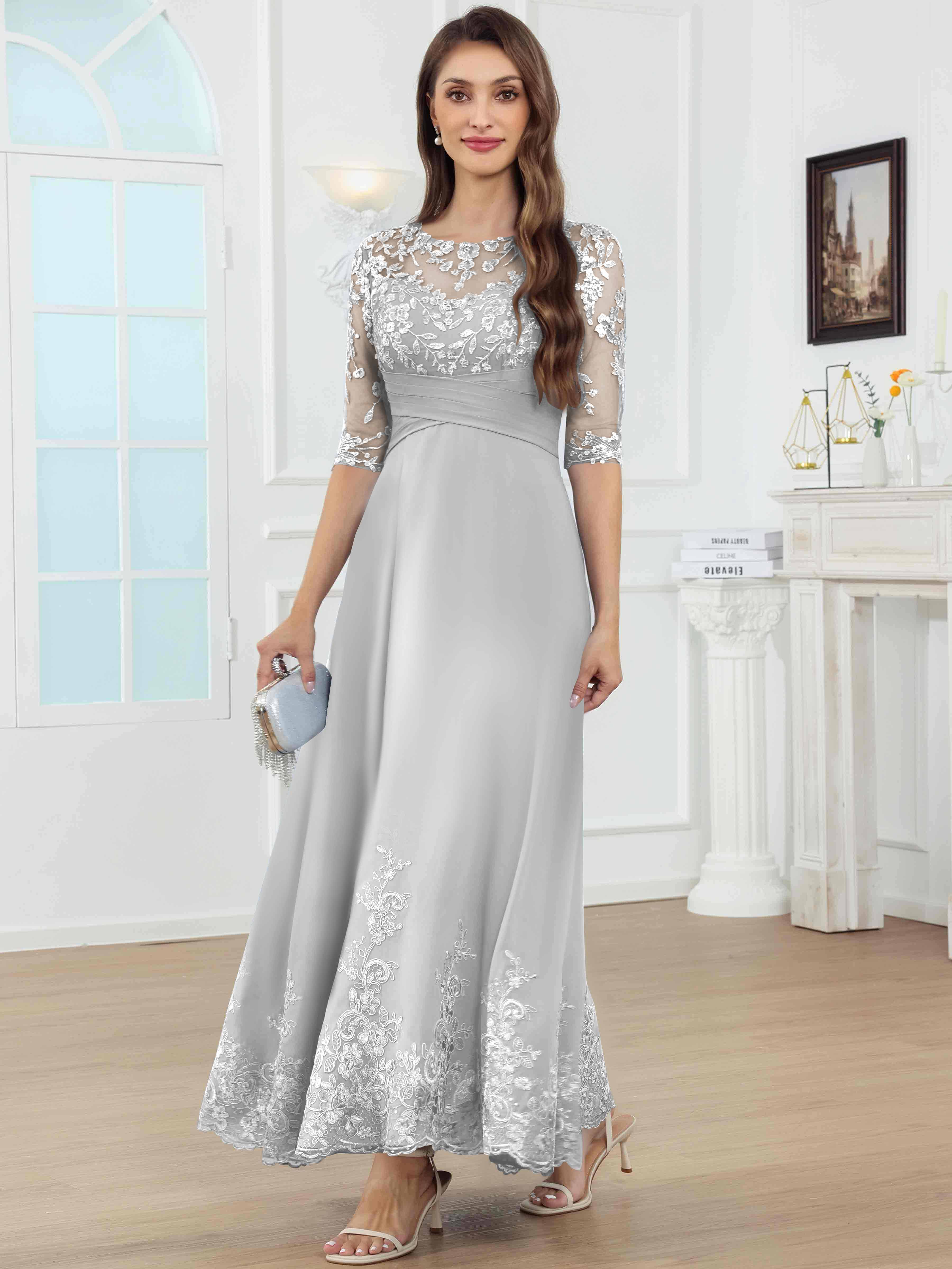 ROVDESY A-Line Lace Sequin Pleated Chiffon Mother Of The Bride Dress With Half Sleeves