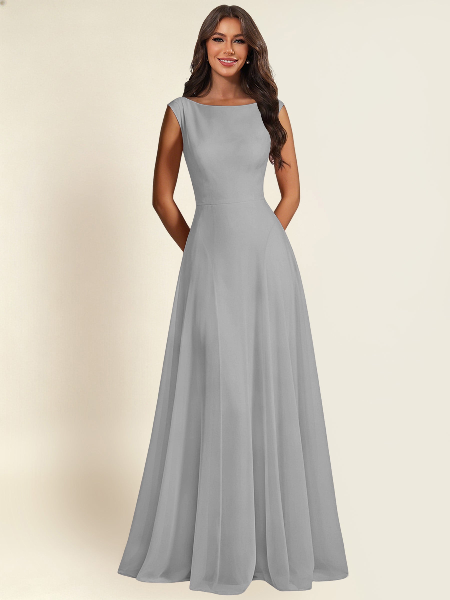 ROVDESY A-Line Chiffon Long Bridesmaid Dress With Sleeveless
