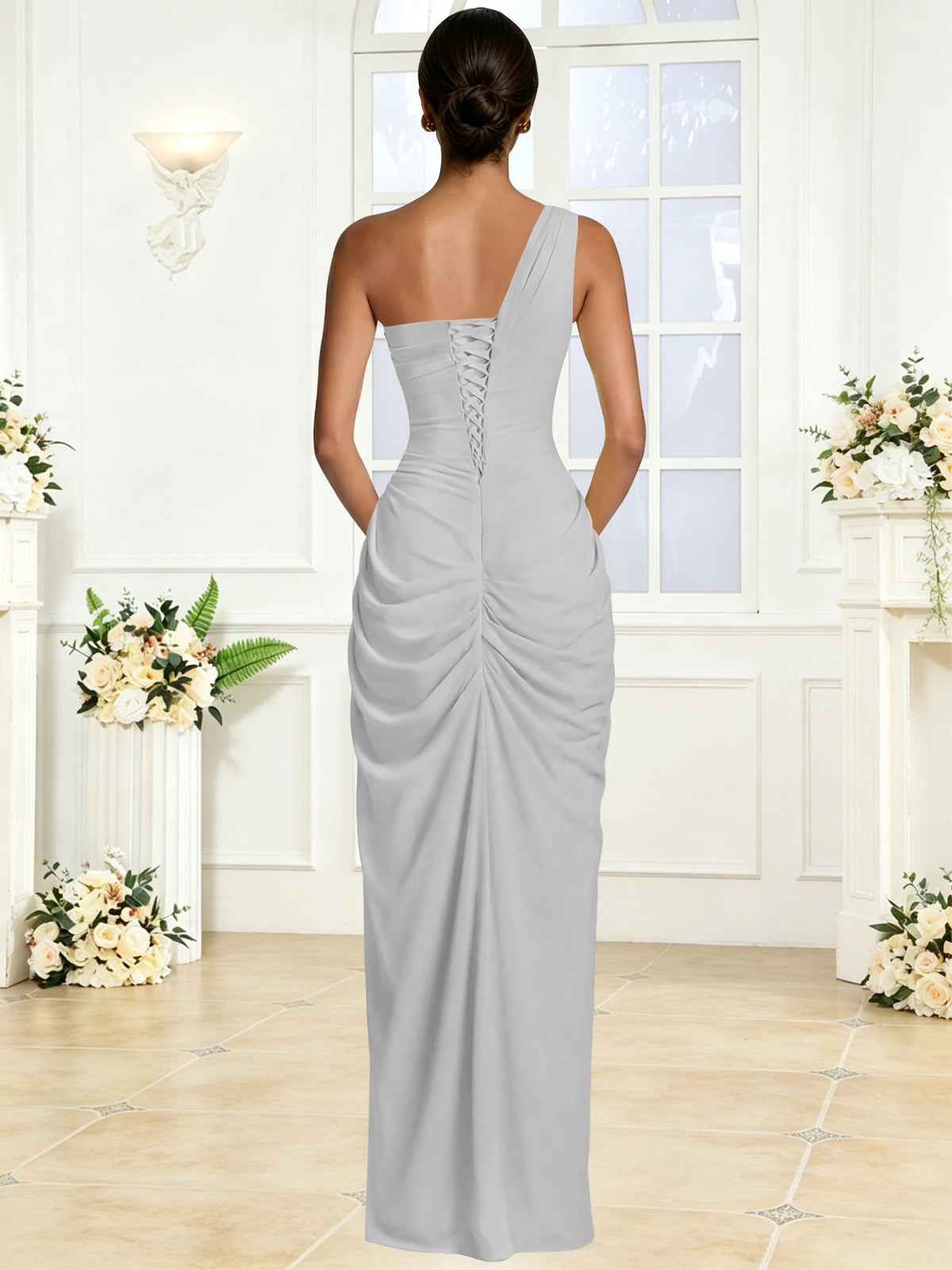 One Shoulder Chiffon Mermaid Long Bridesmaid Dress with Slit