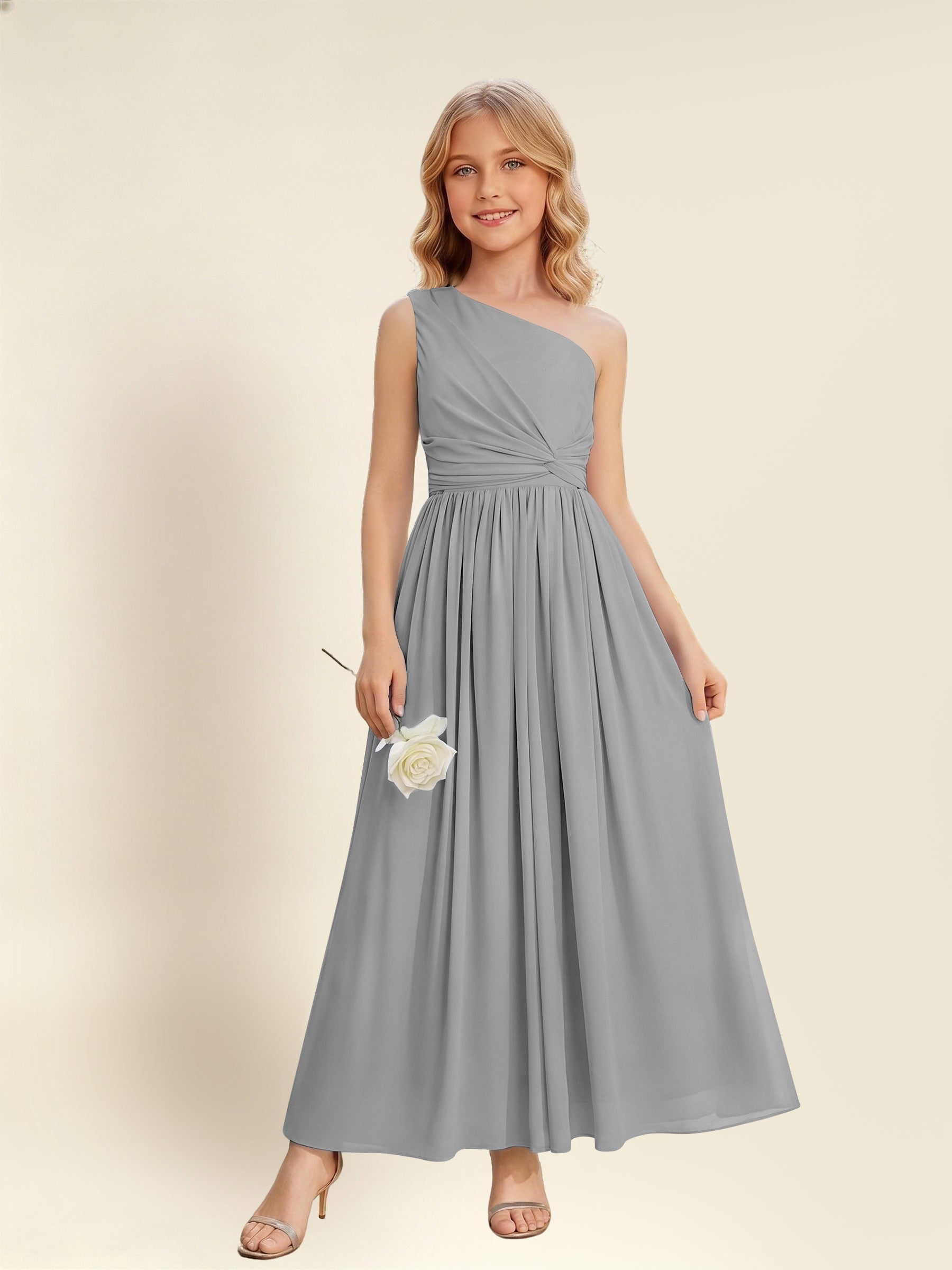 ROVDESY One Shoulder Twist Waist Chiffon Junior Bridesmaid Maxi Dress