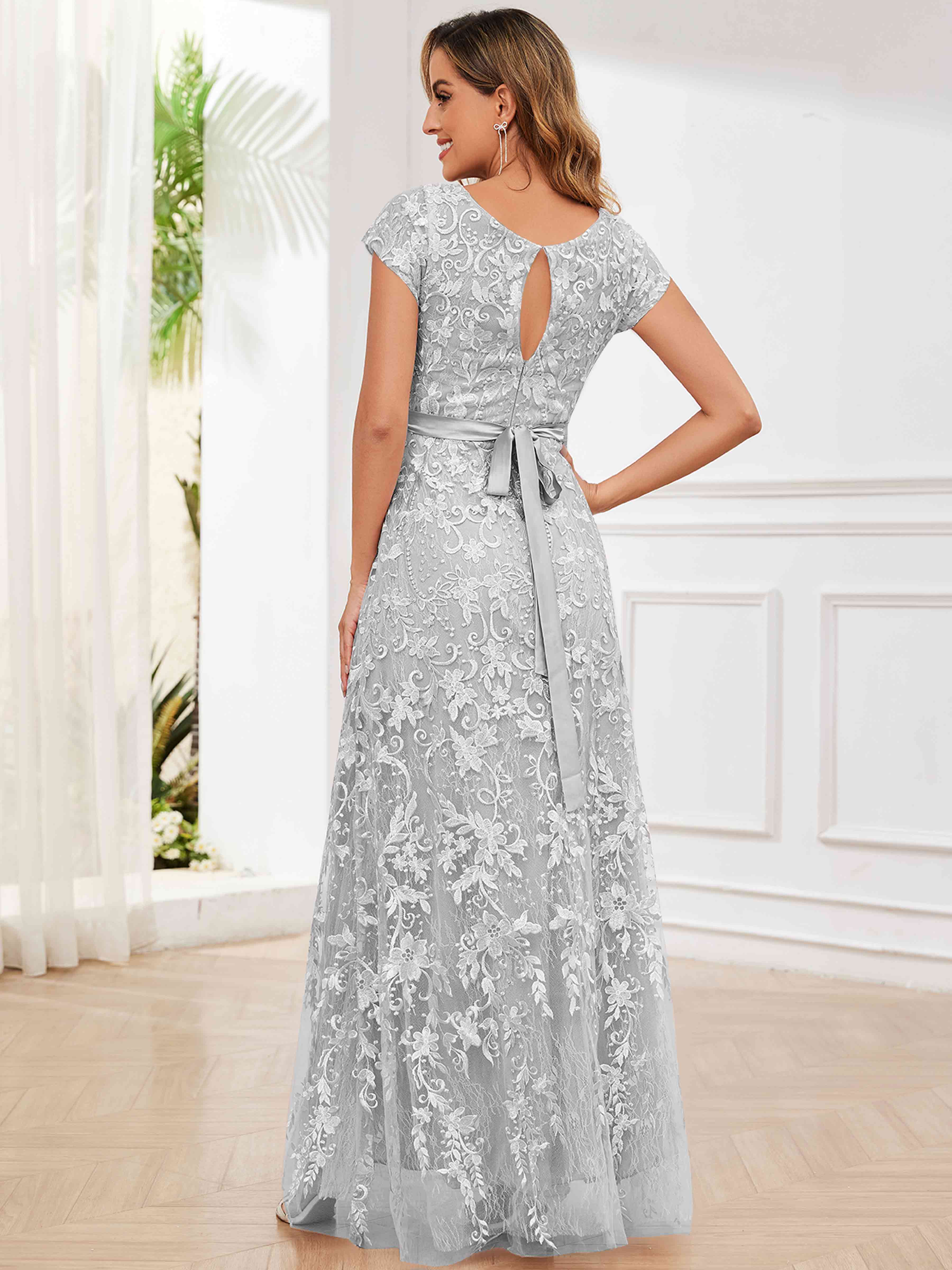 ROVDESY Elegant Lace Mother Of The Bride Dress With Short Sleeves Formal Gown