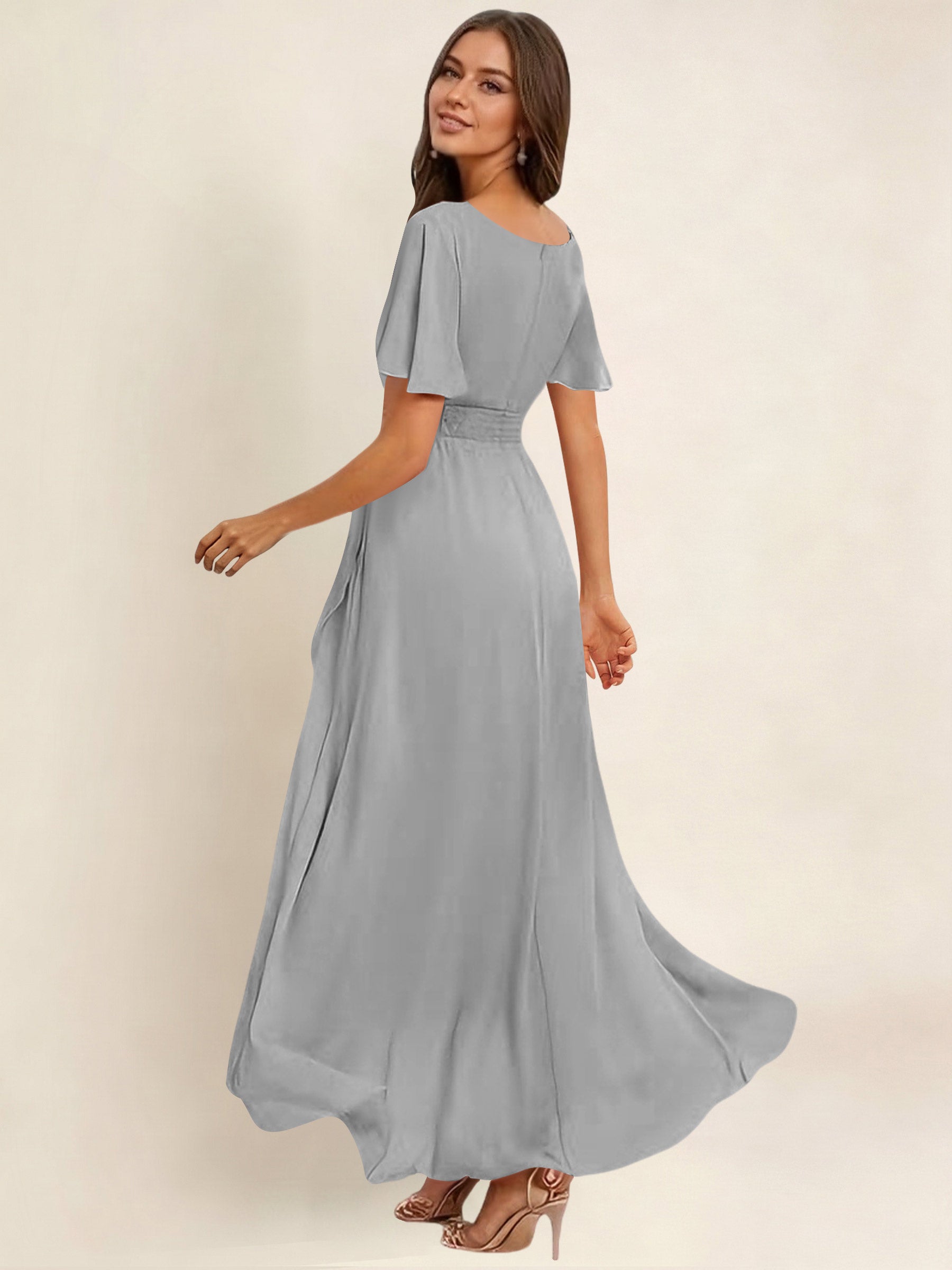 ROVDESY A-Line High Low Round Neck Pleated Ruffle Chiffon Bridesmaid Dress With Short Sleeves
