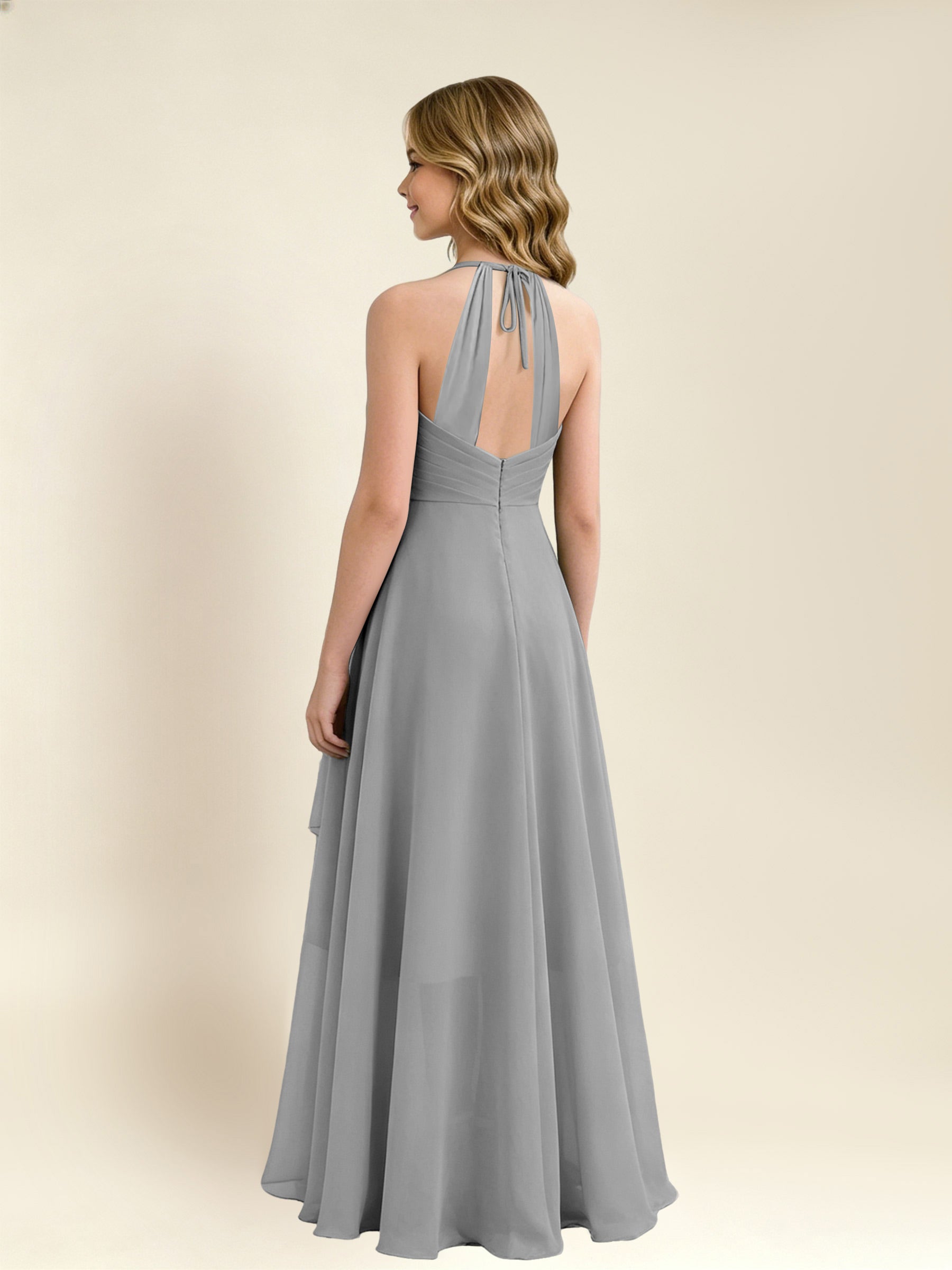 ROVDESY A-Line Halter Pleated Chiffon Junior Bridesmaid Dress